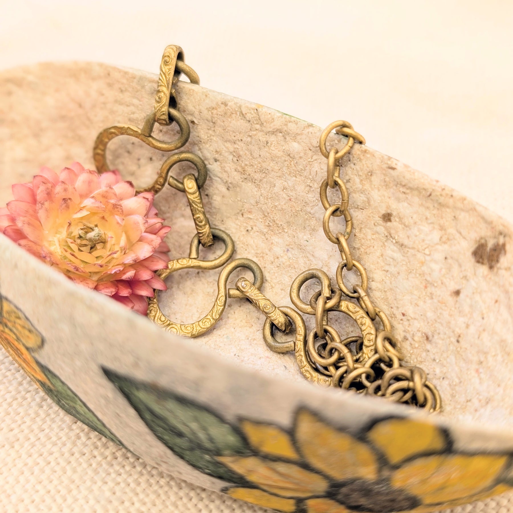 Handmade Sunflower Trinket Dish | Paper Clay Jewellery Bowl | Botanical Home Decor