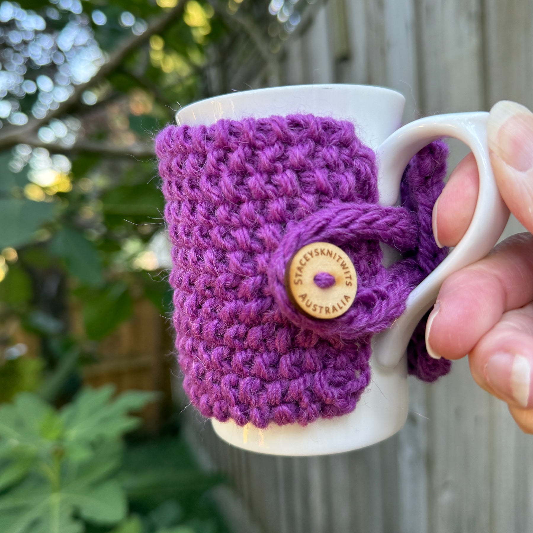 Hand Knitted Purple Coffee Cup Cozy, Cup Cosy