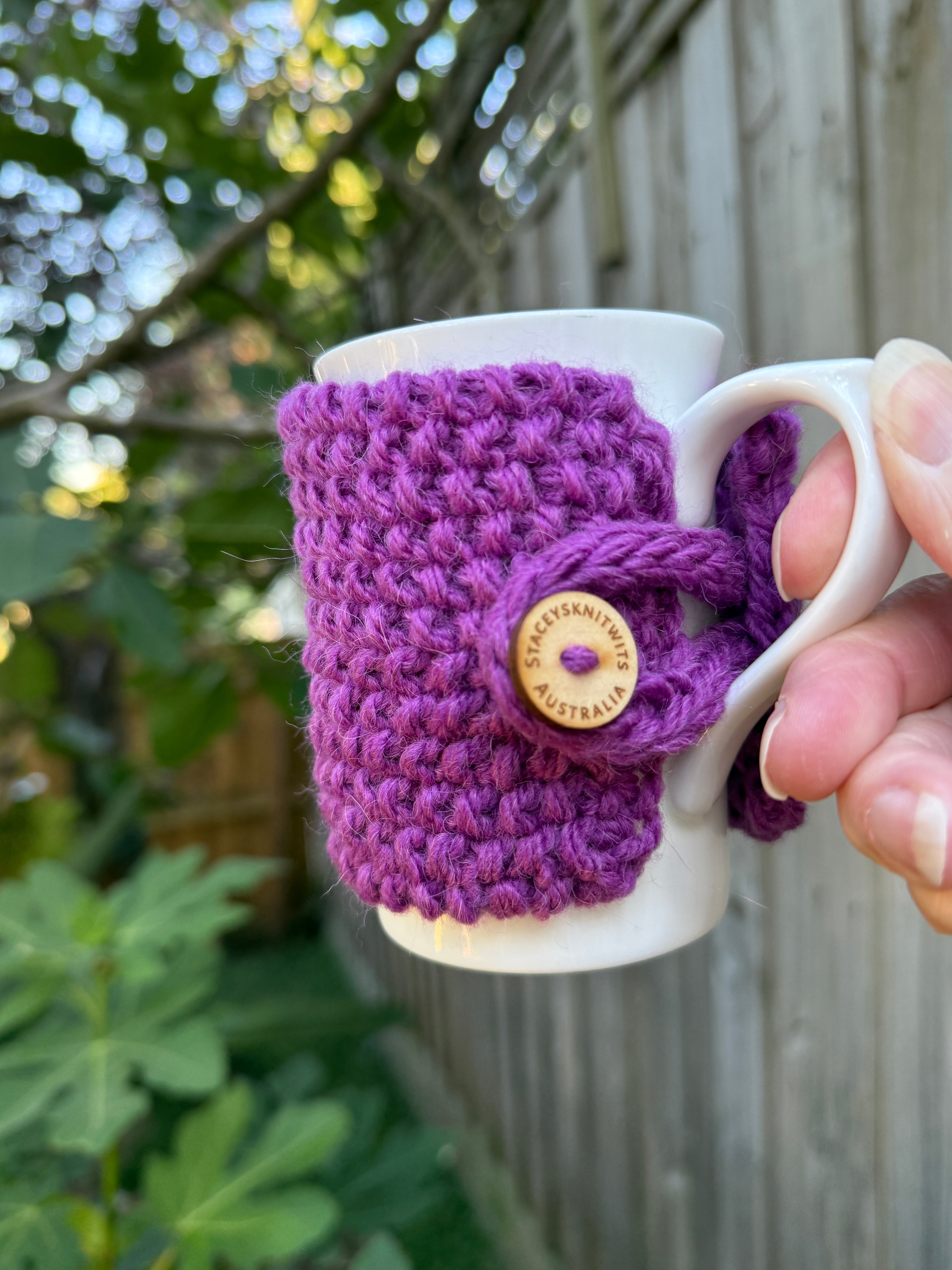 Hand Knitted Purple Coffee Cup Cozy, Cup Cosy