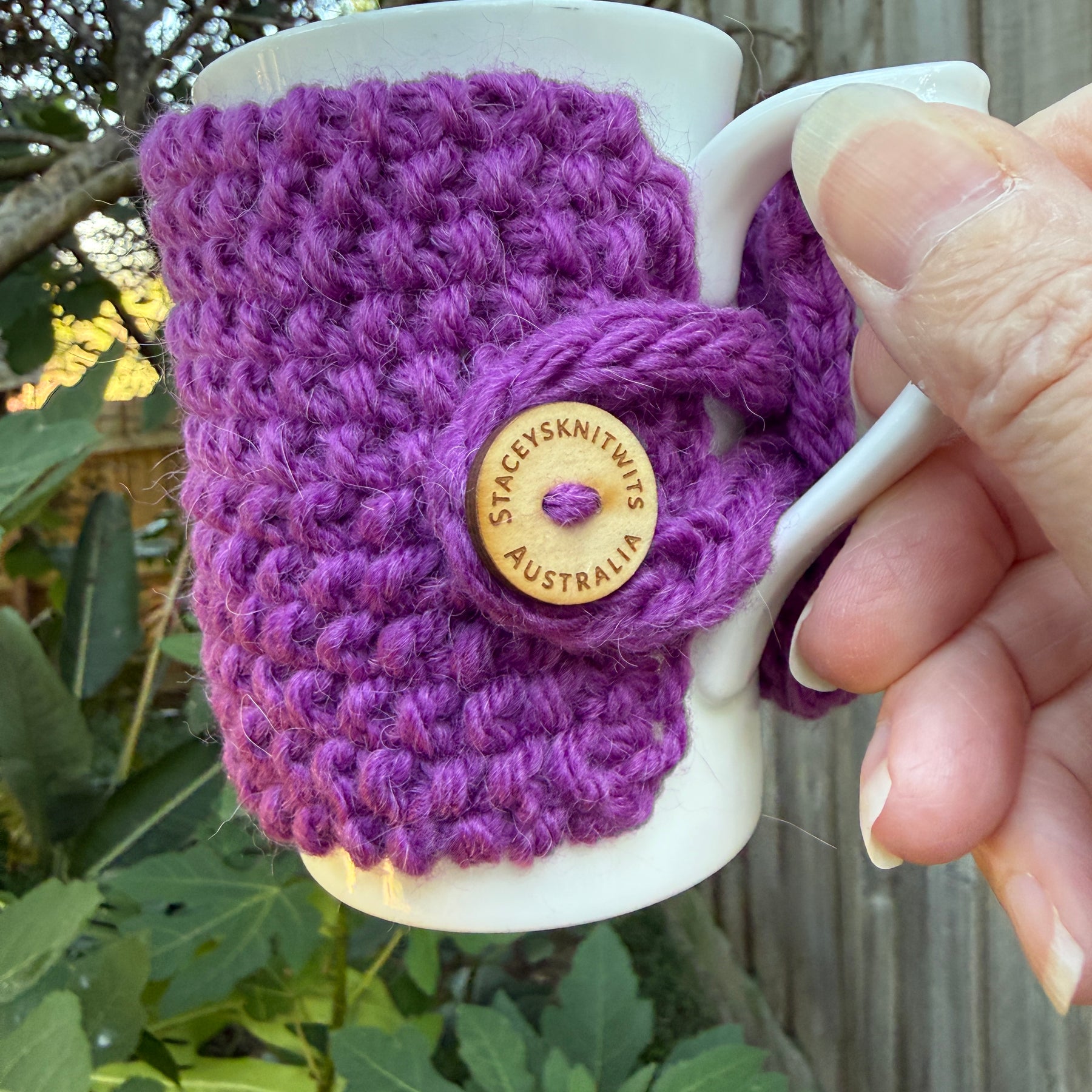 Hand Knitted Purple Coffee Cup Cozy, Cup Cosy