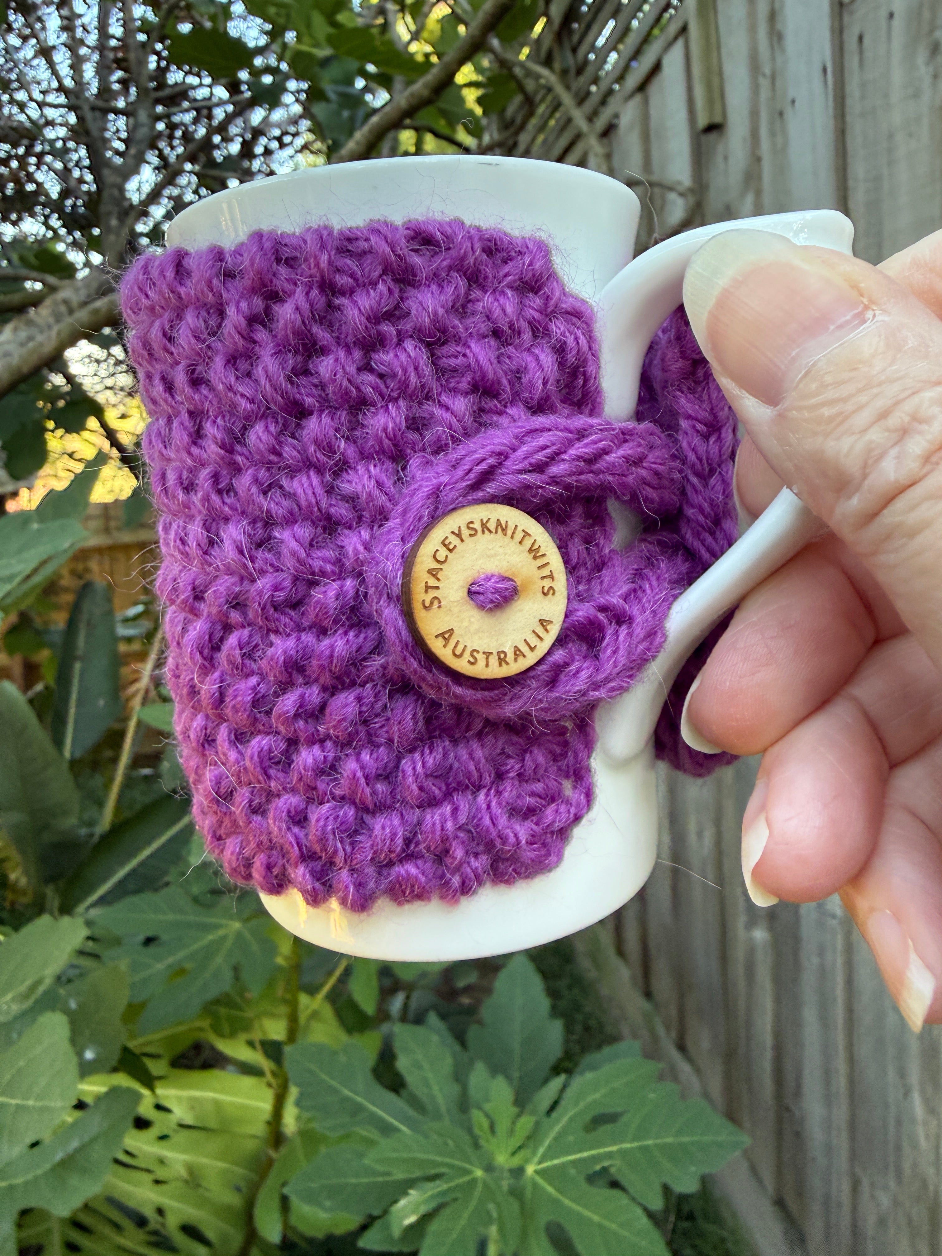 Hand Knitted Purple Coffee Cup Cozy, Cup Cosy