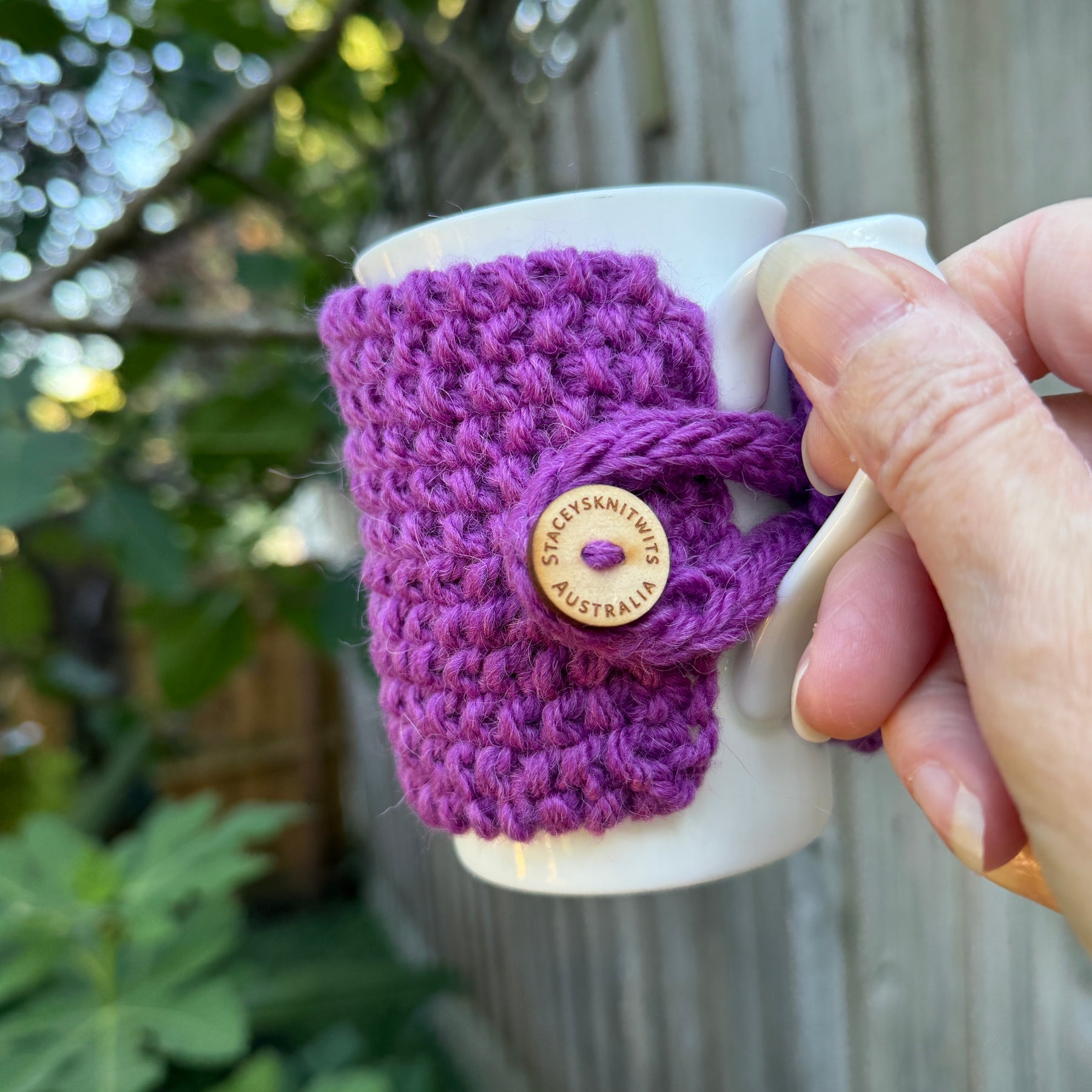 Hand Knitted Purple Coffee Cup Cozy, Cup Cosy