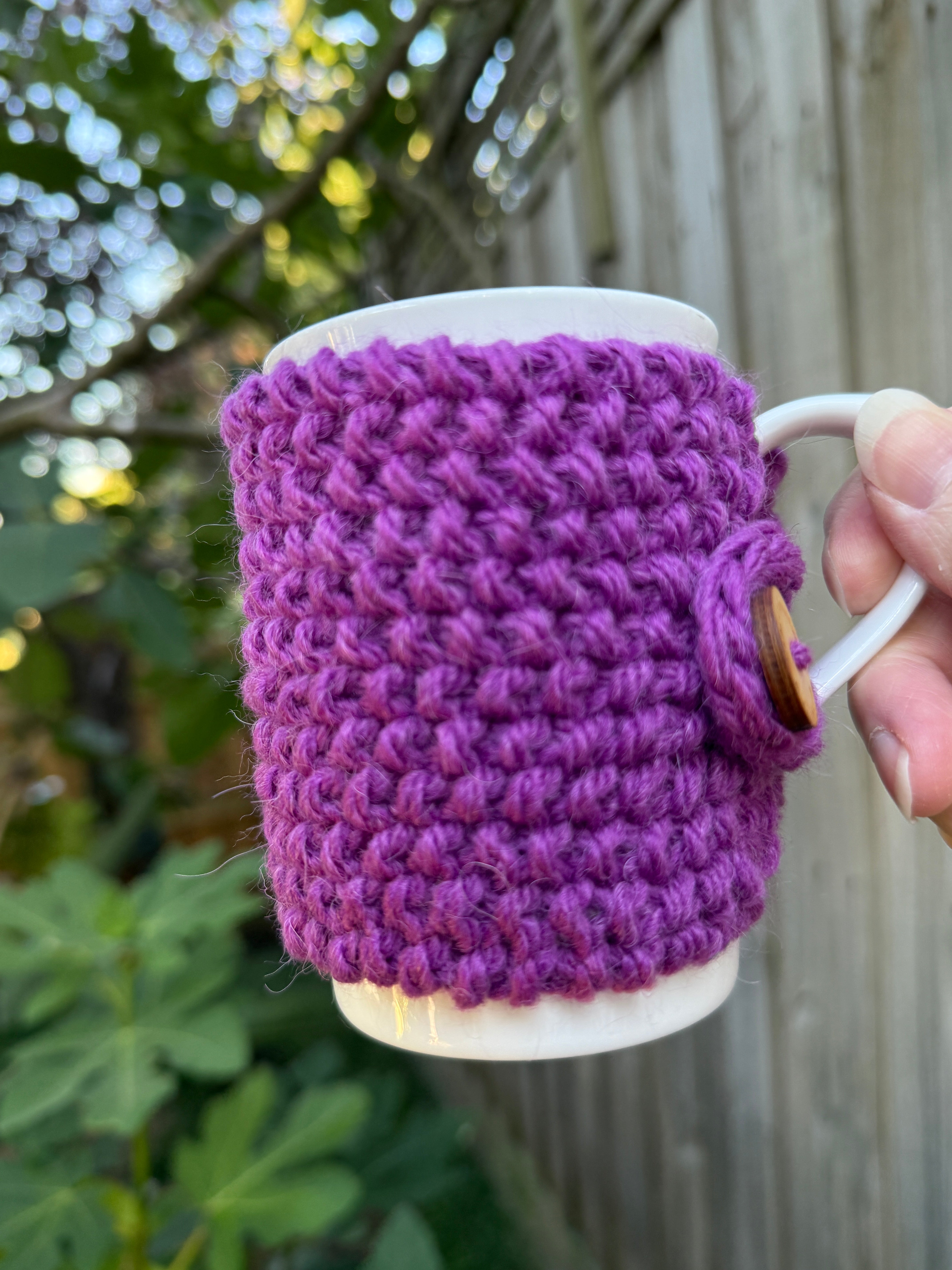 Hand Knitted Purple Coffee Cup Cozy, Cup Cosy
