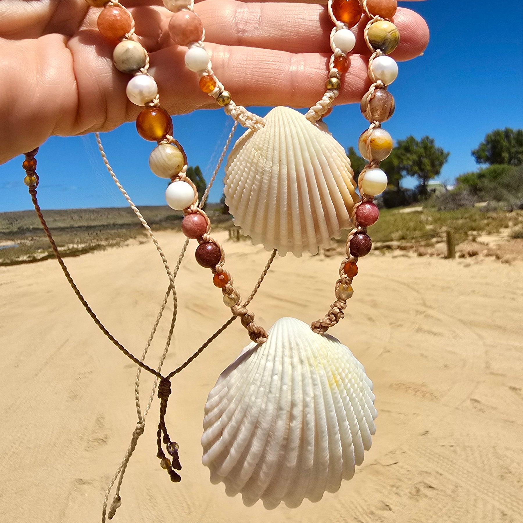 Cockle Shell Necklace Adjustable with Pearls and Gemstones