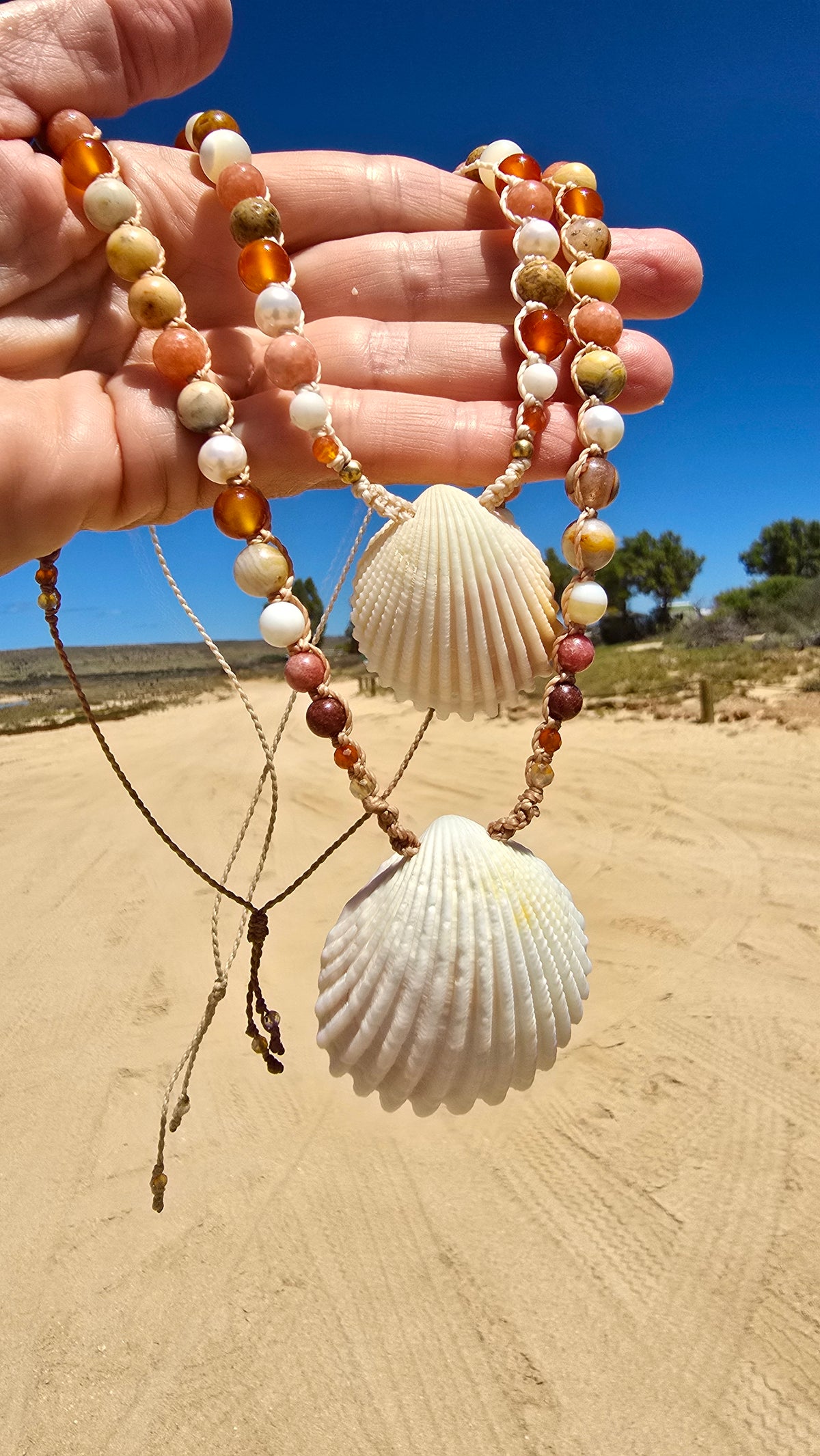 Cockle Shell Necklace Adjustable with Pearls and Gemstones