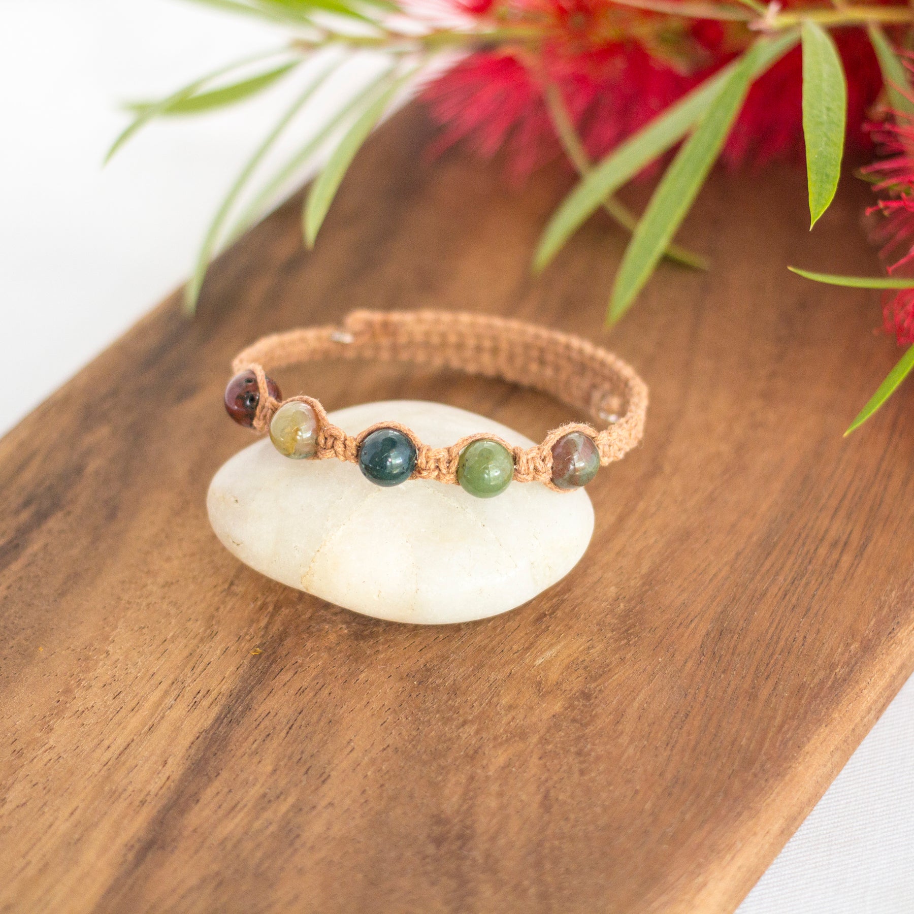 Indian Agate Gemstone Tan Macrame Wrap Bracelet | Cotton Cord Jewellery | Gift Set