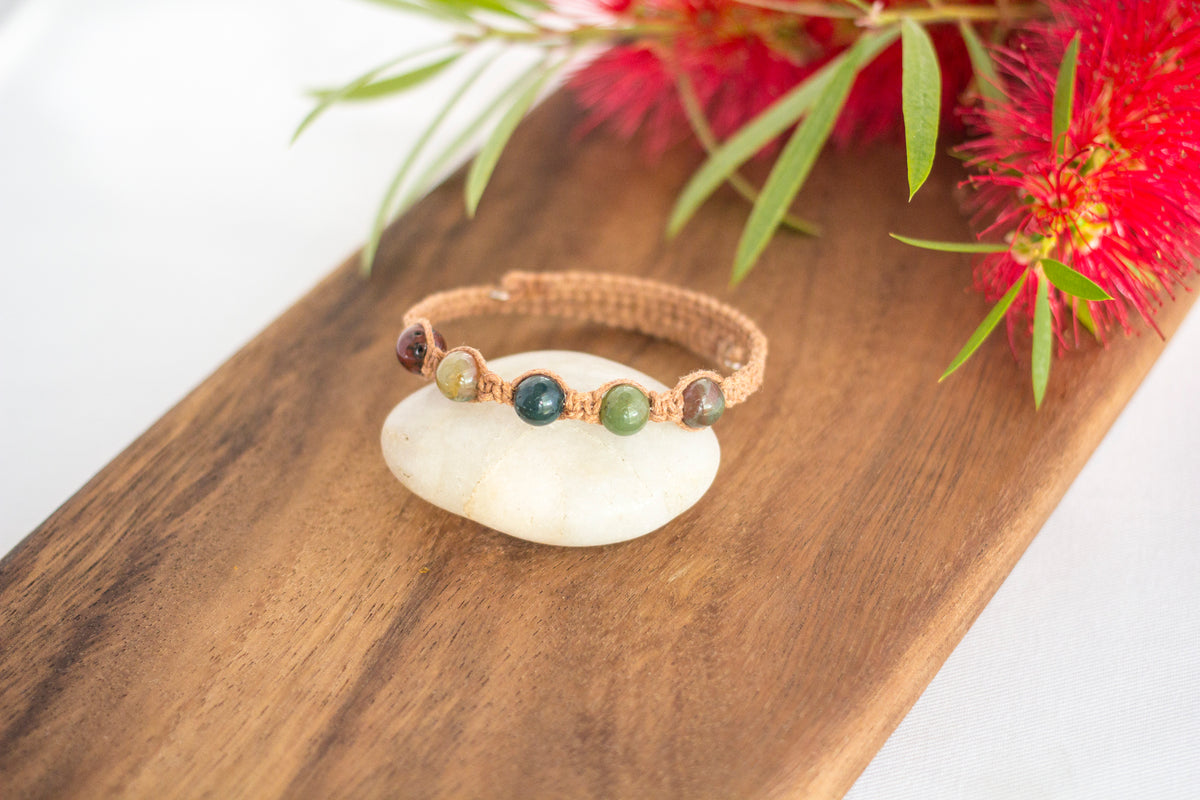 Indian Agate Gemstone Tan Macrame Wrap Bracelet | Cotton Cord Jewellery | Gift Set