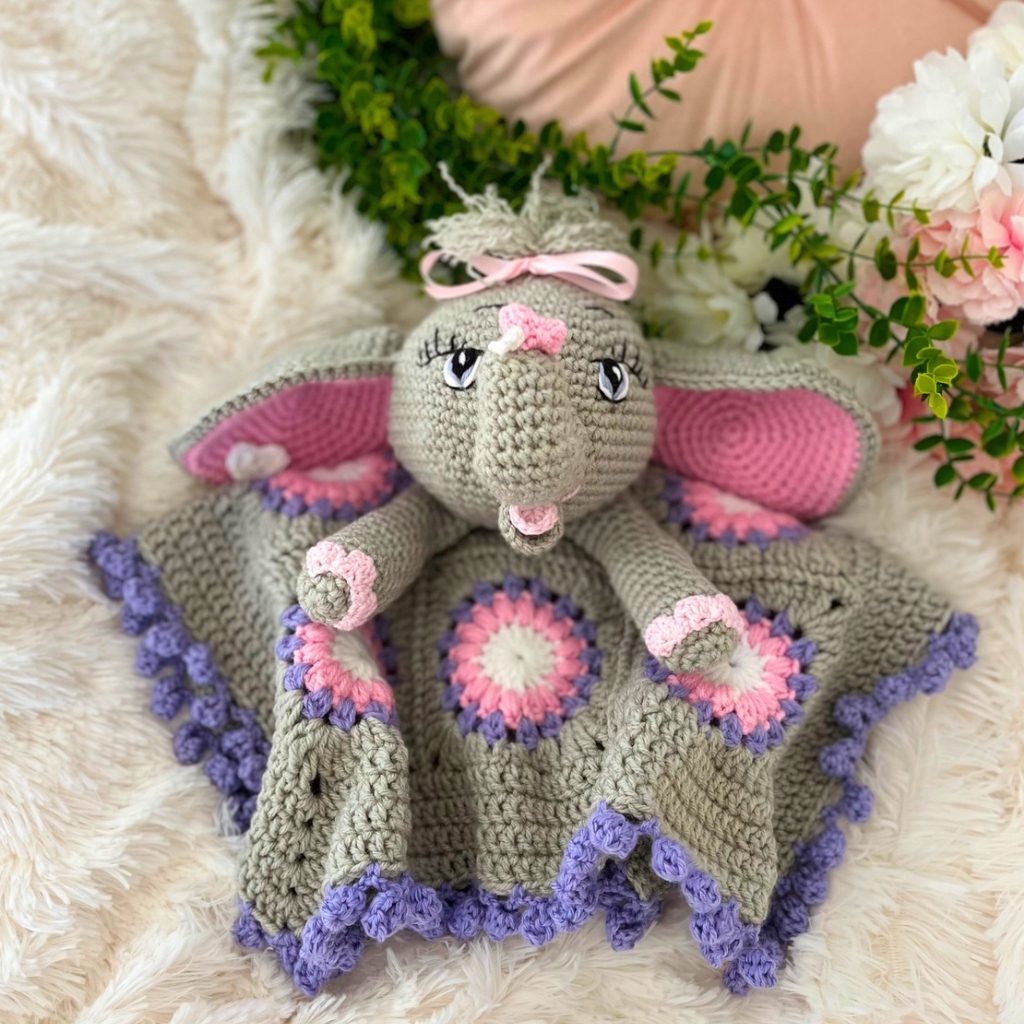 Crochet Elephant Lovey Blanket Miss Ellie, Crochet Elephant Snuggler