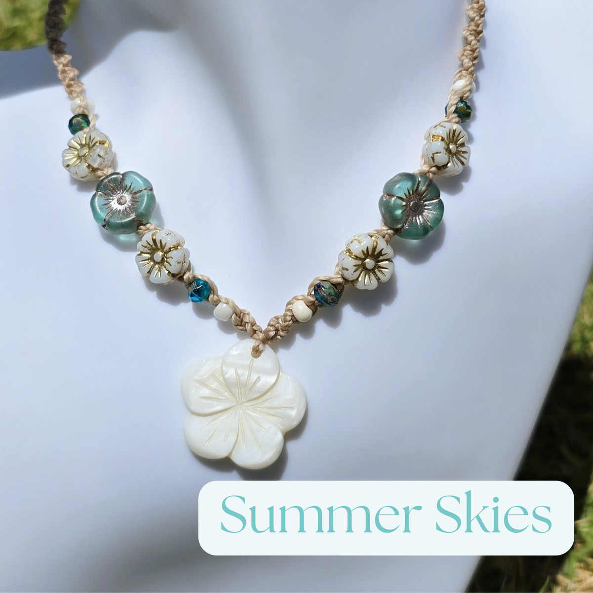 Flower Necklace with Mother of Pearl and Czech Glass Beads
