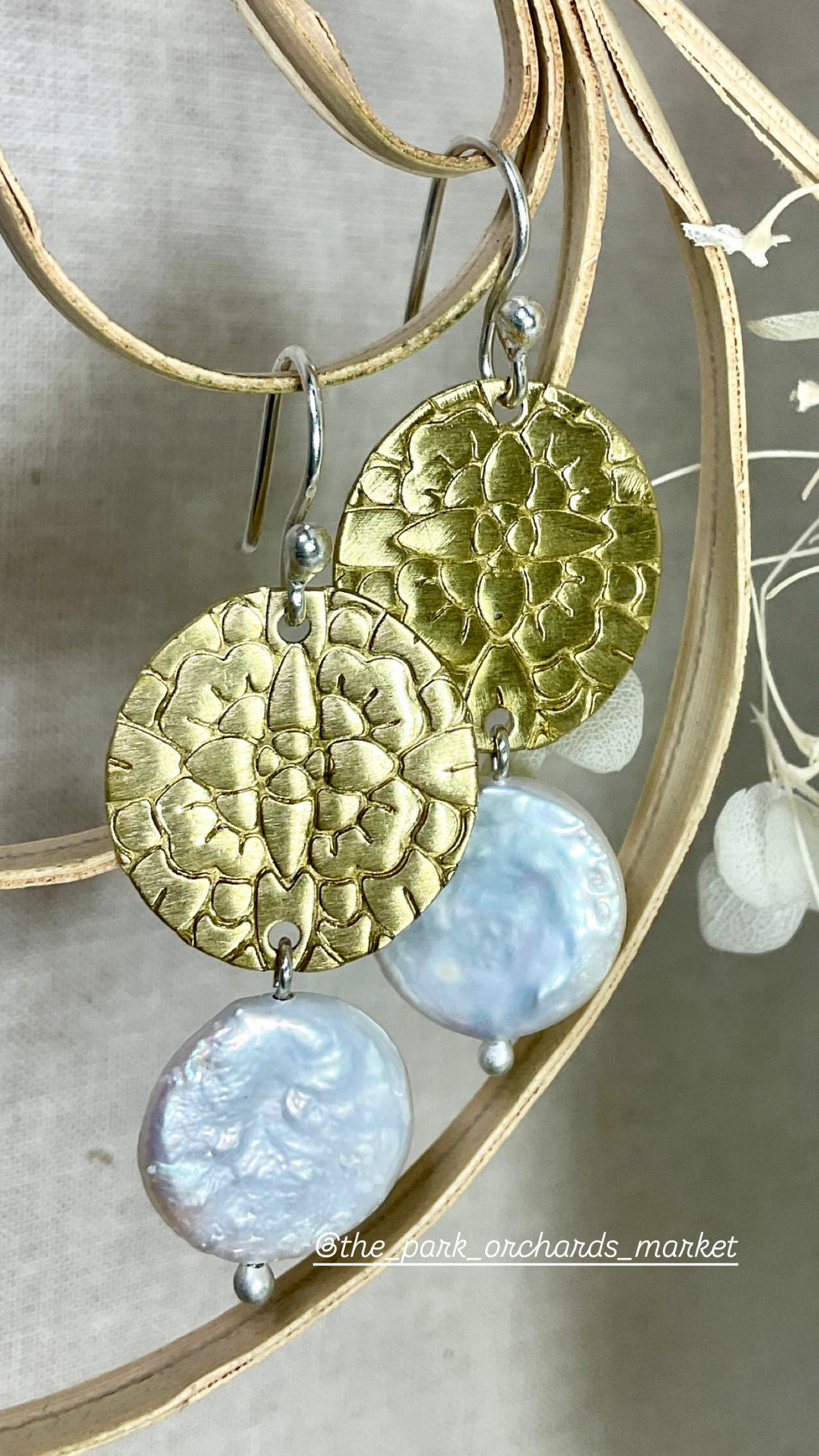 Brass with freshwater pearls. Earrings. Handmade