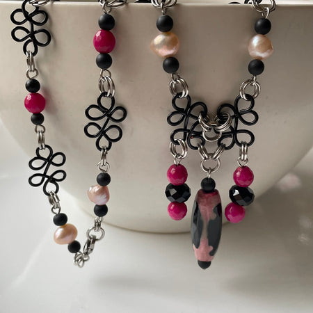 Striking Pink and Black Gemstone, Pearl Necklace