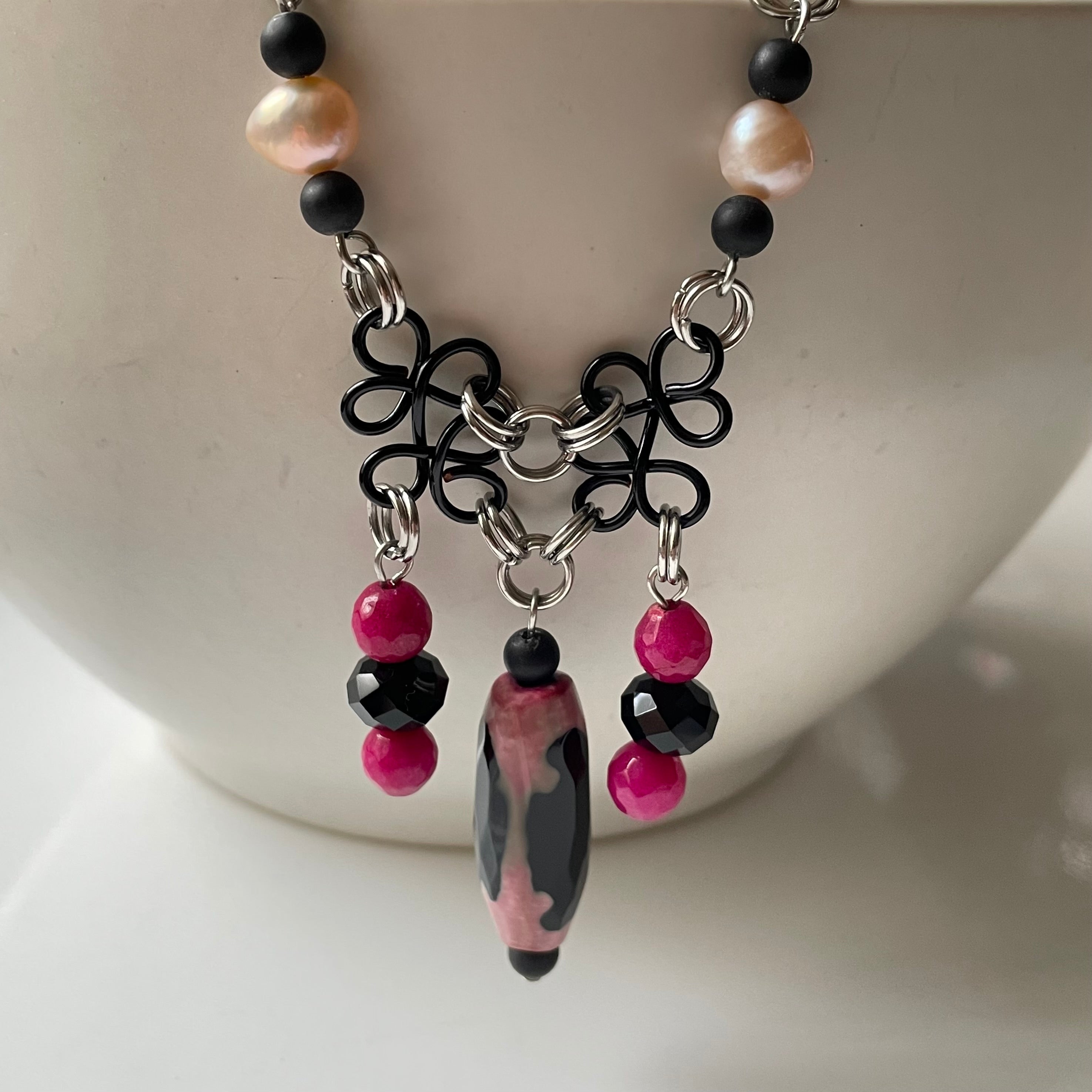 Striking Pink and Black Gemstone, Pearl Necklace