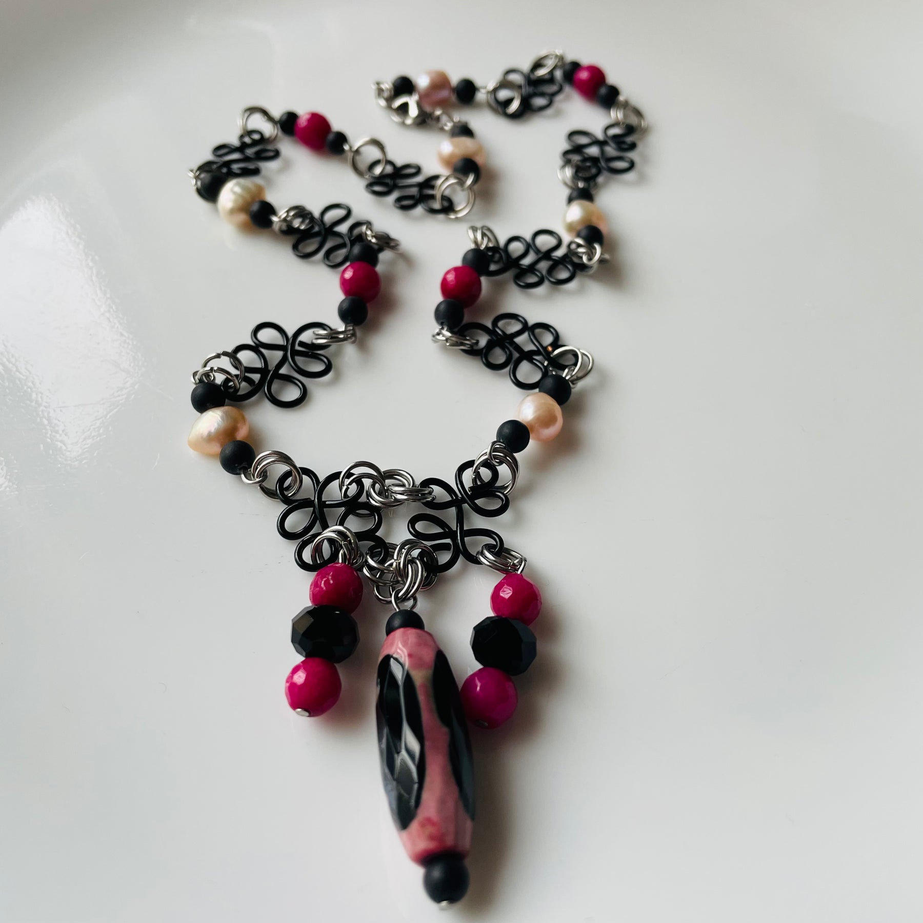 Striking Pink and Black Gemstone, Pearl Necklace