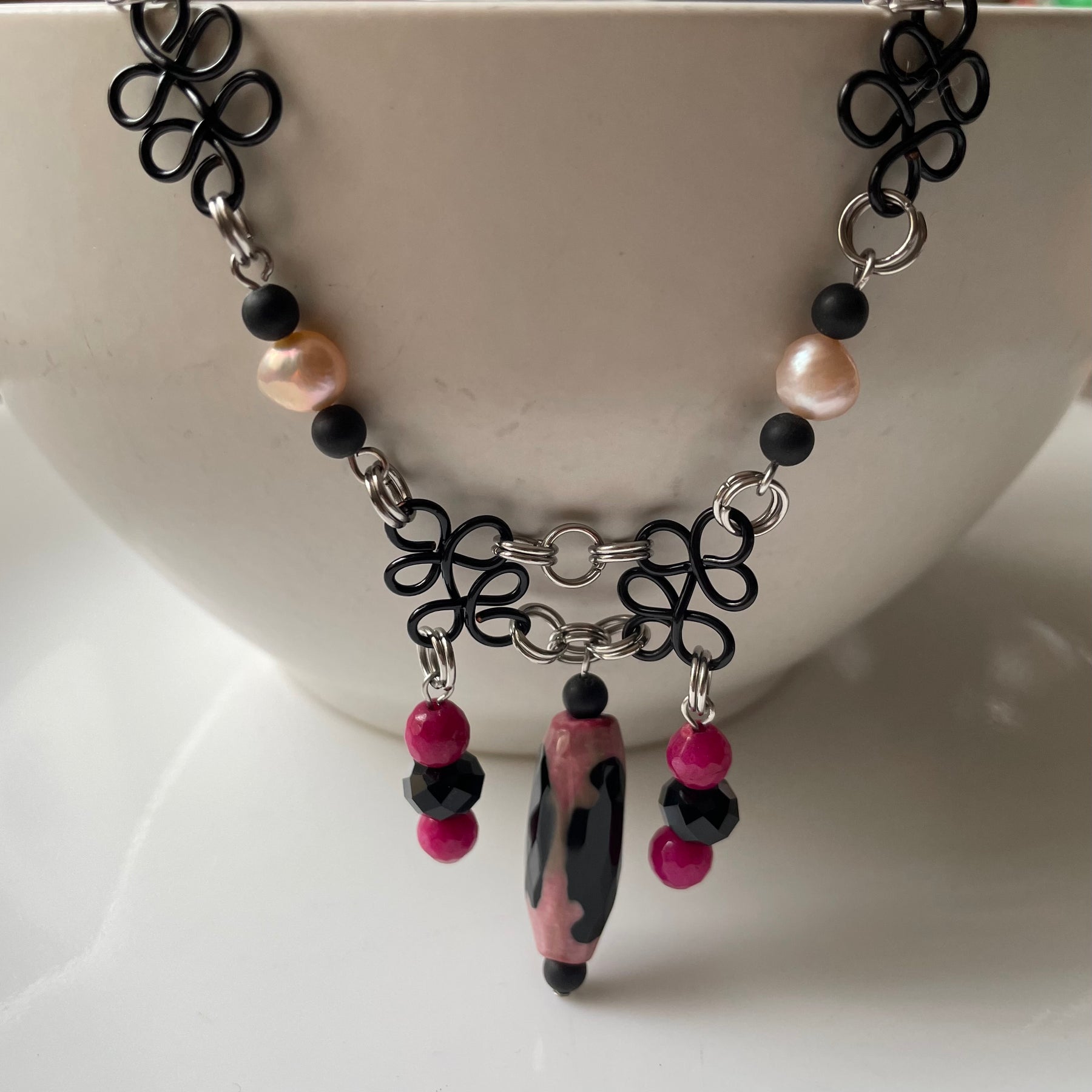 Striking Pink and Black Gemstone, Pearl Necklace