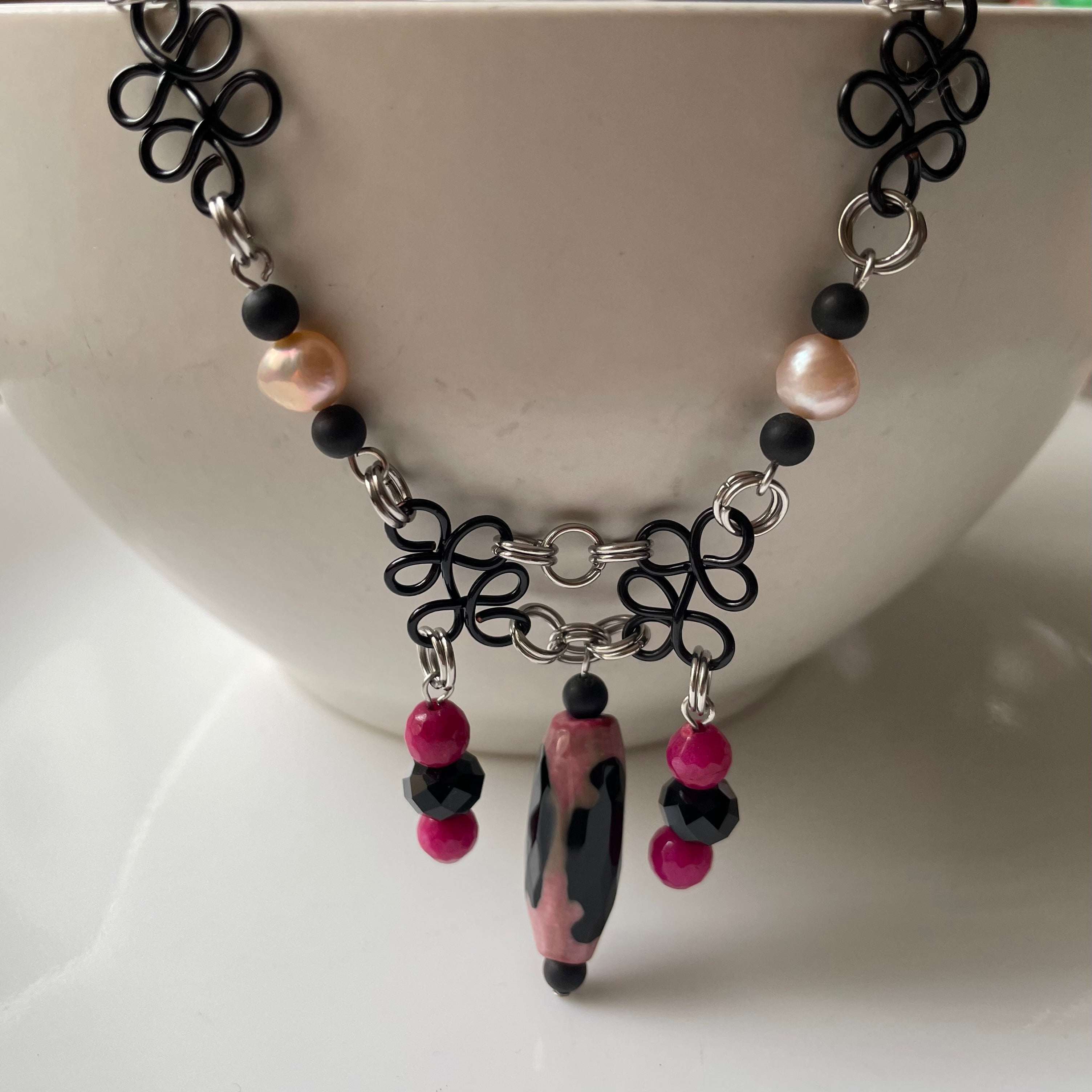 Striking Pink and Black Gemstone, Pearl Necklace