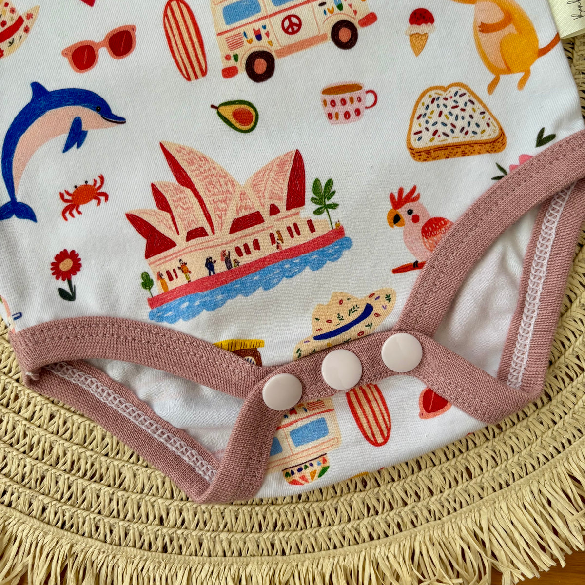 Baby Short Sleeved Bodysuit | Pink Aussie All Over | Size premmie to 2 | Made to order