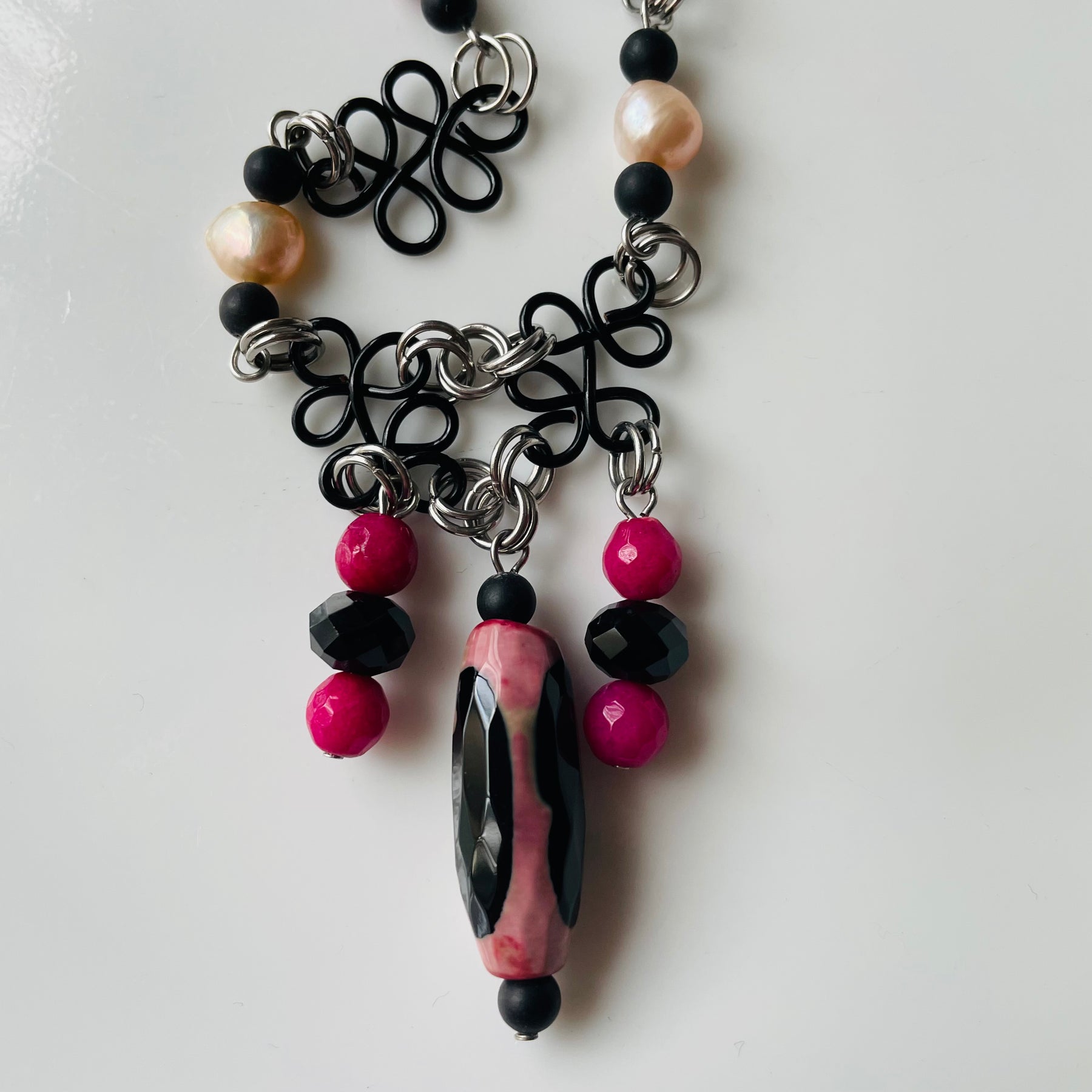 Striking Pink and Black Gemstone, Pearl Necklace