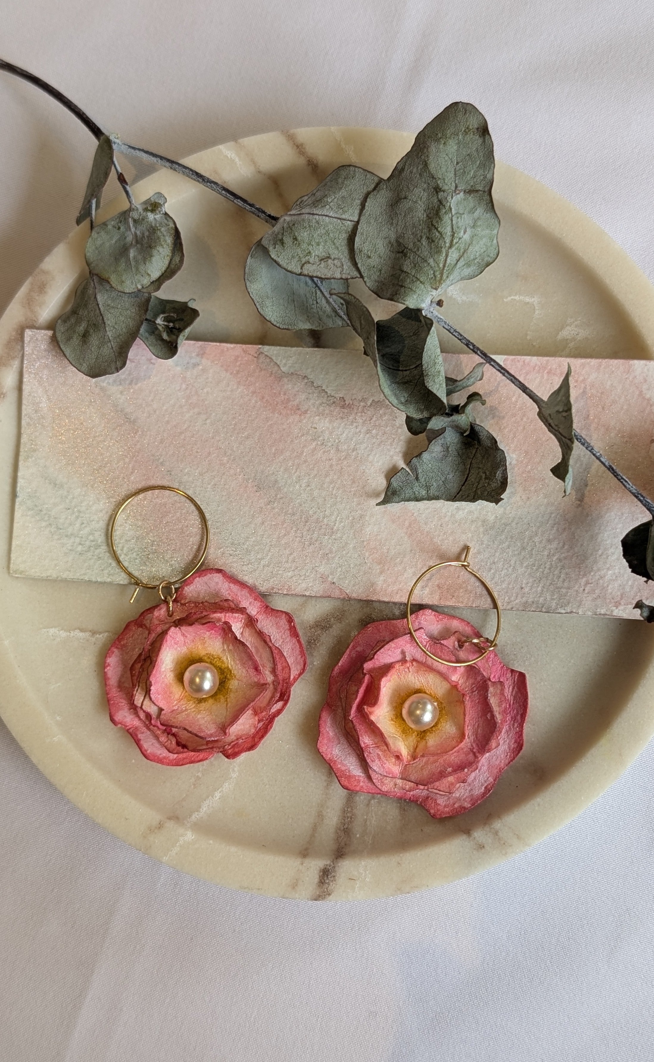 Handmade Ranunculus Watercolour Hoop Earrings – Pink Floral with Pearl Centre