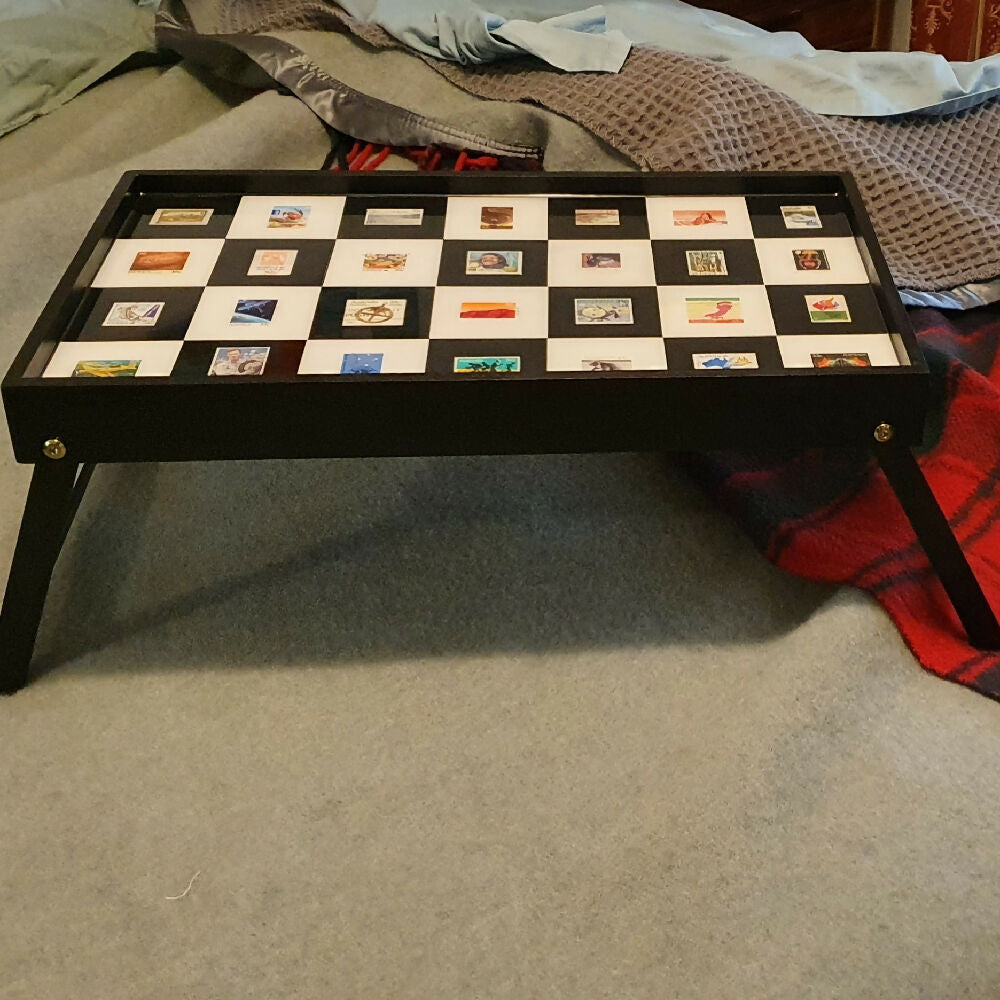 TV/Bed table tray, black and white, with Australian stamps