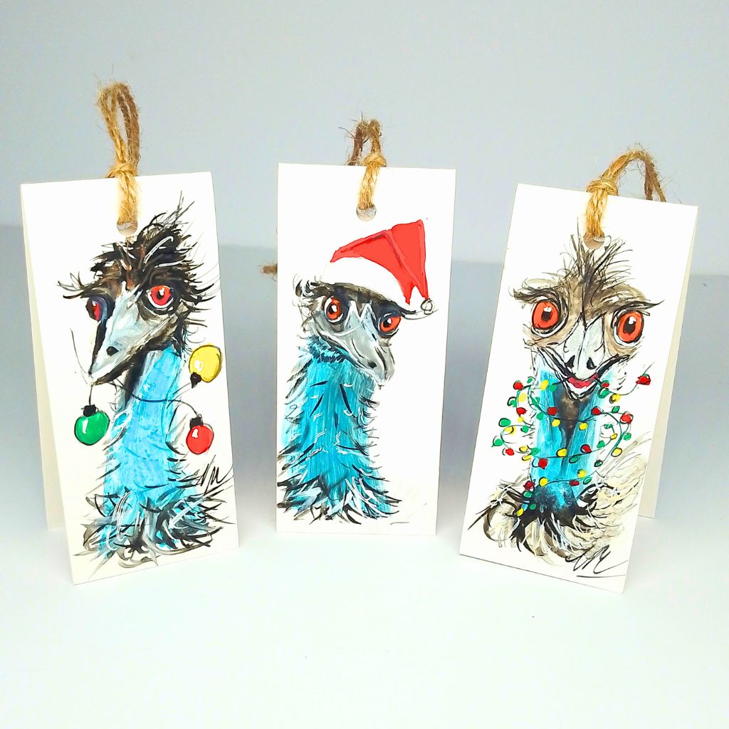 Quirky Handpainted Christmas Australian Bird Tags - Set of 12 Emu Tags
