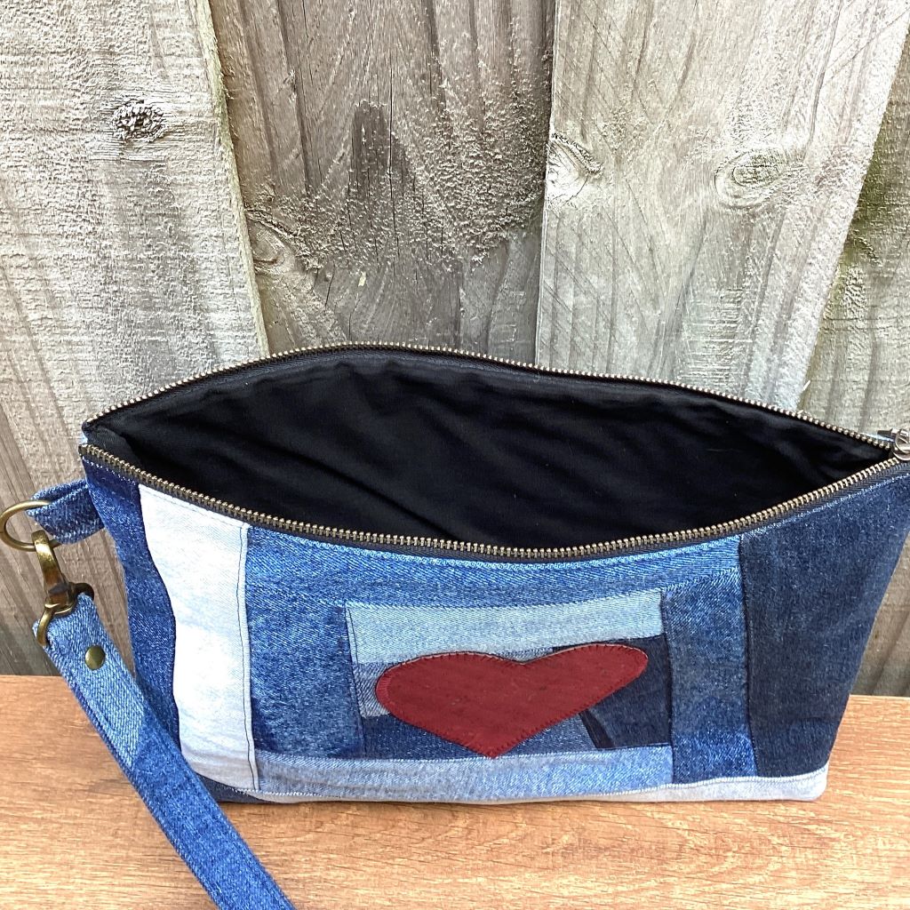 Large Upcycled Denim Pouch – Red Cork Heart