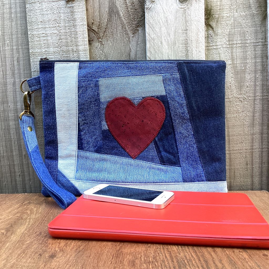 Large Upcycled Denim Pouch – Red Cork Heart