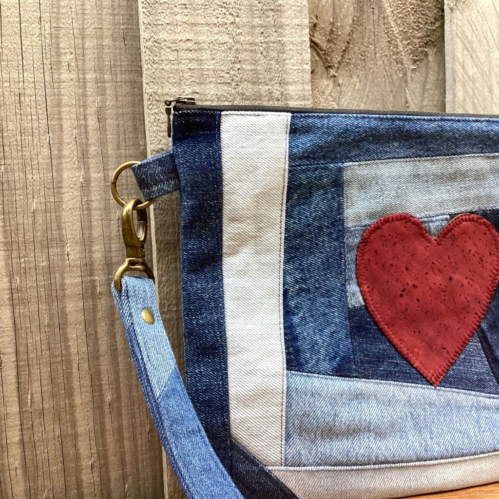 Large Upcycled Denim Pouch #5 – Red Cork Heart