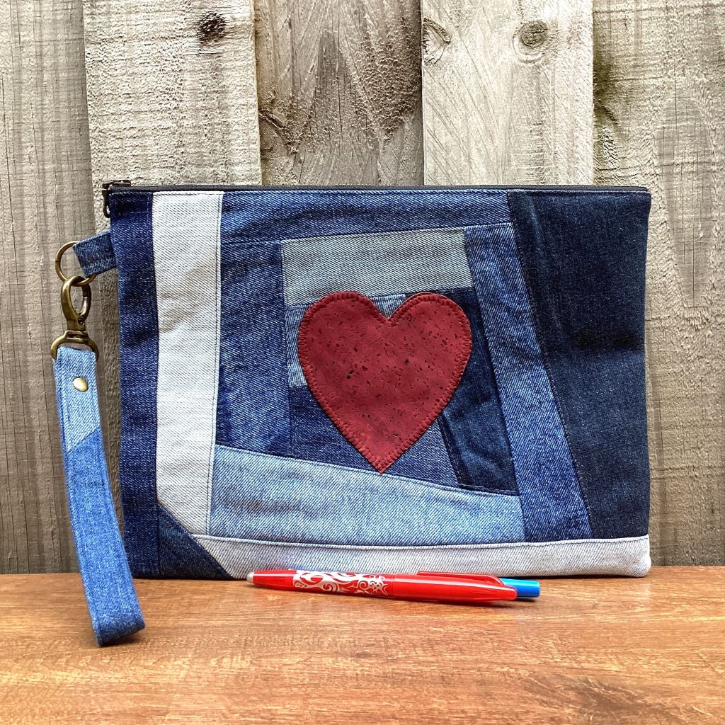 Large Upcycled Denim Pouch #5 – Red Cork Heart