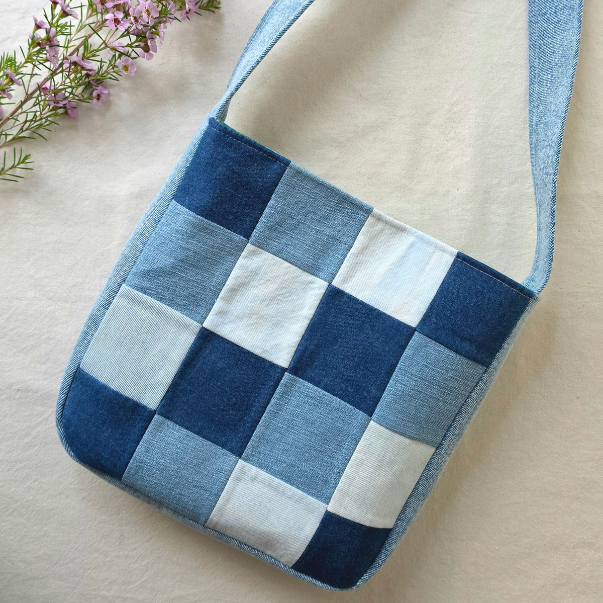Upcycled Denim Jeans & Pre-loved Fabrics Checkered Handbag