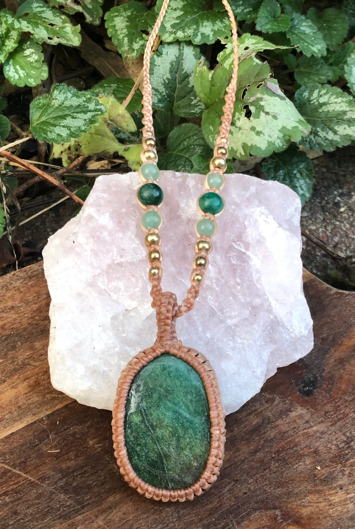 Green Fuschite Pendant Necklace: Beaded Macrame, Adjustable Boho Gift