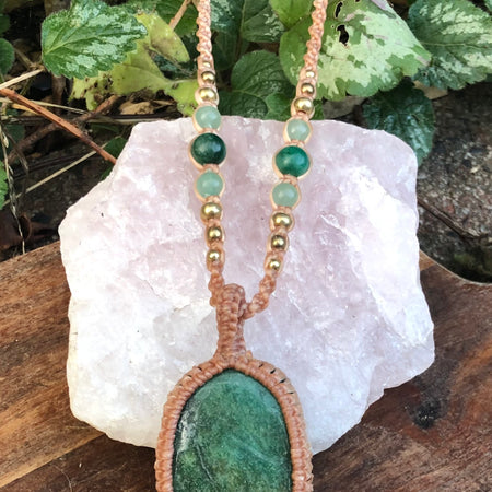 Green Fuschite Pendant Necklace: Beaded Macrame, Adjustable Boho Gift