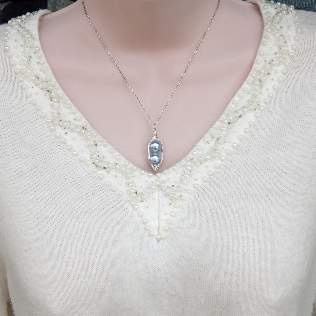 Two Blue Peas In A Pod Silver Necklace