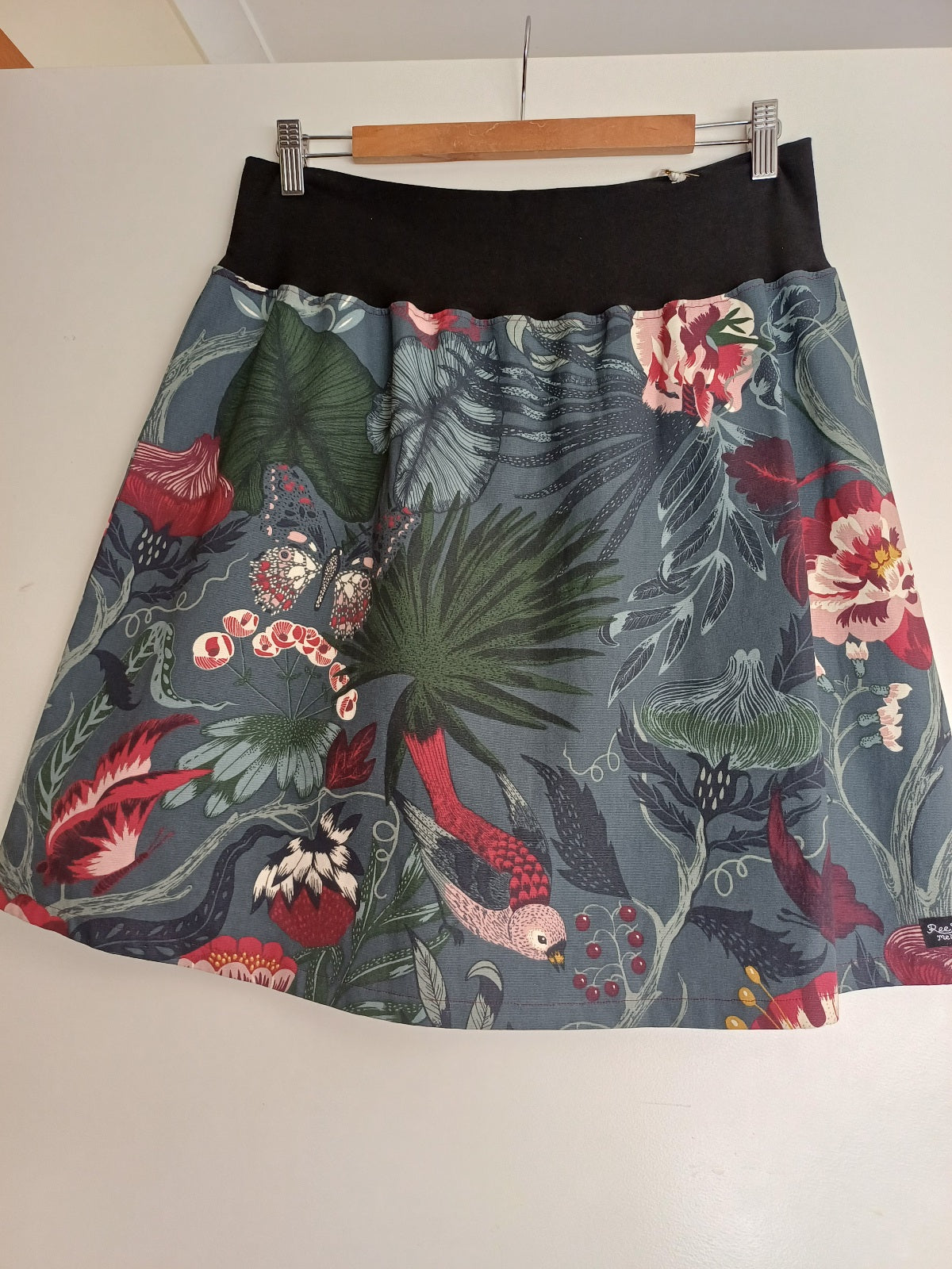 Blue and burgundy skirt with birds and butterflies