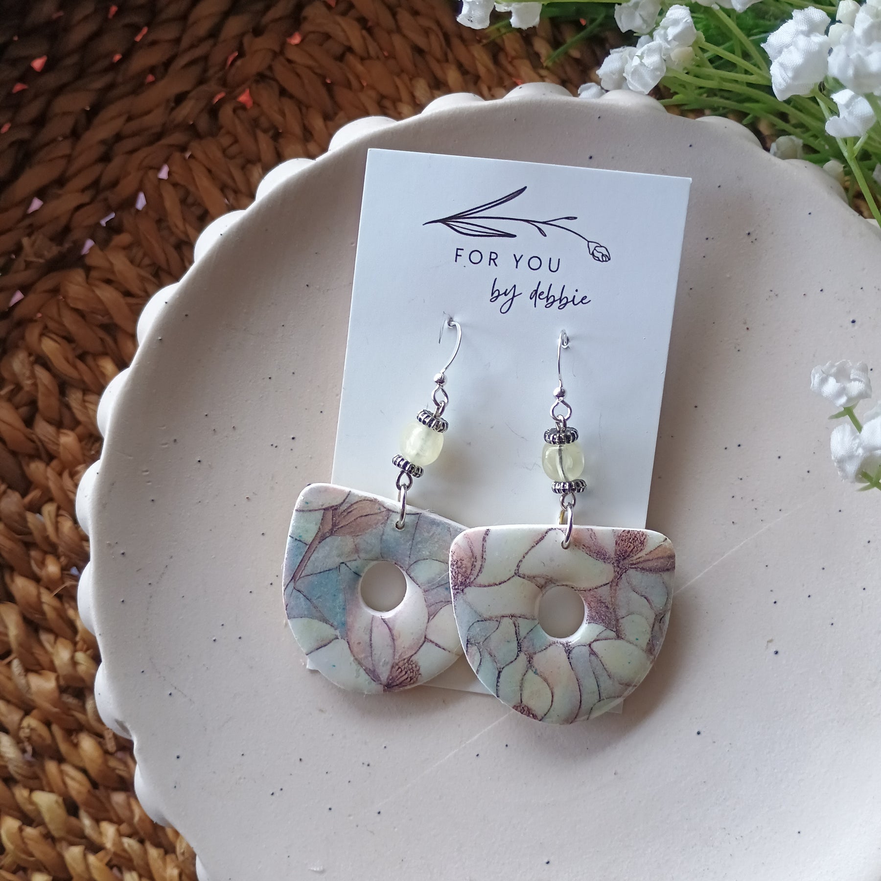 Floral marble print and upcycled stone bead polymer clay earring