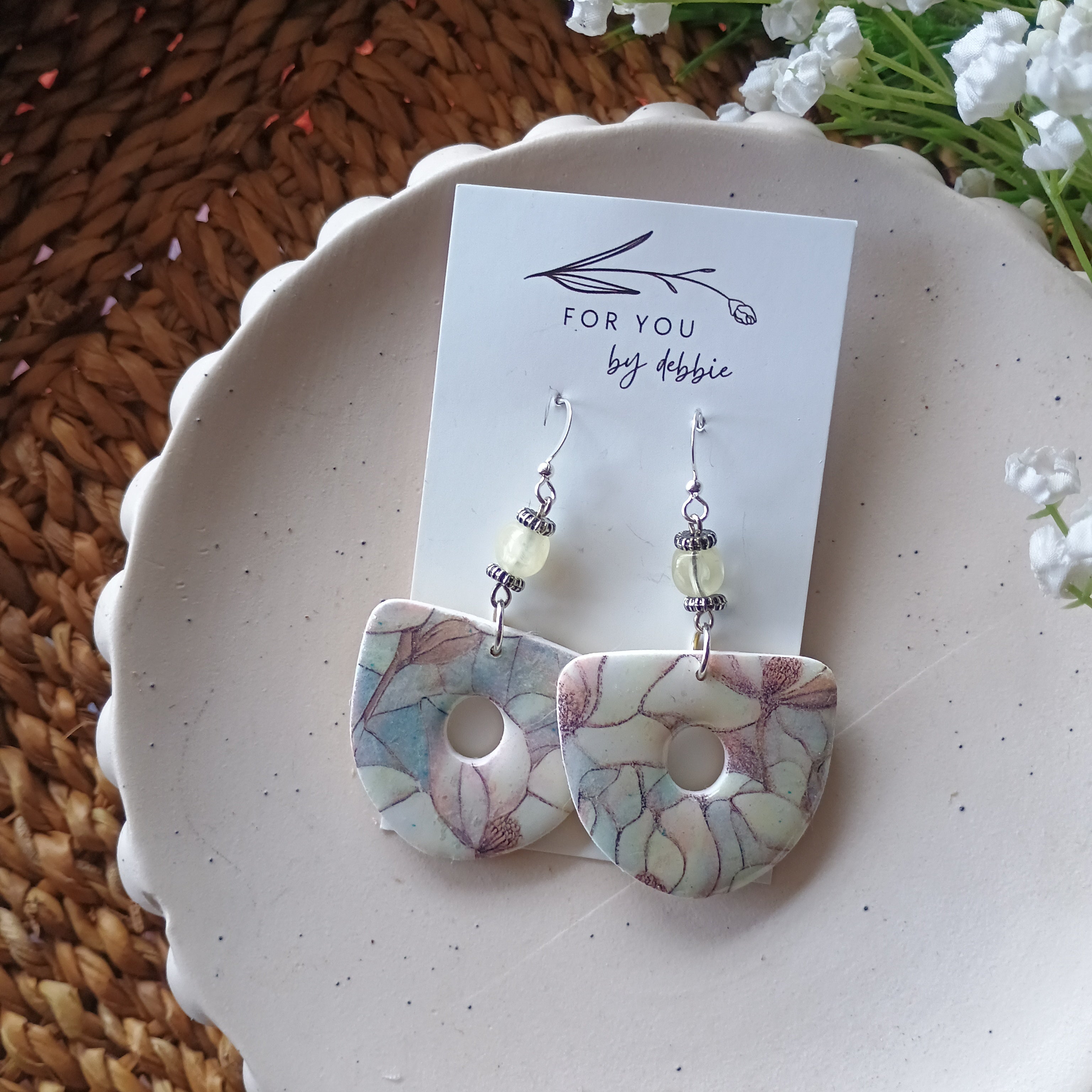 Floral marble print and upcycled stone bead polymer clay earring