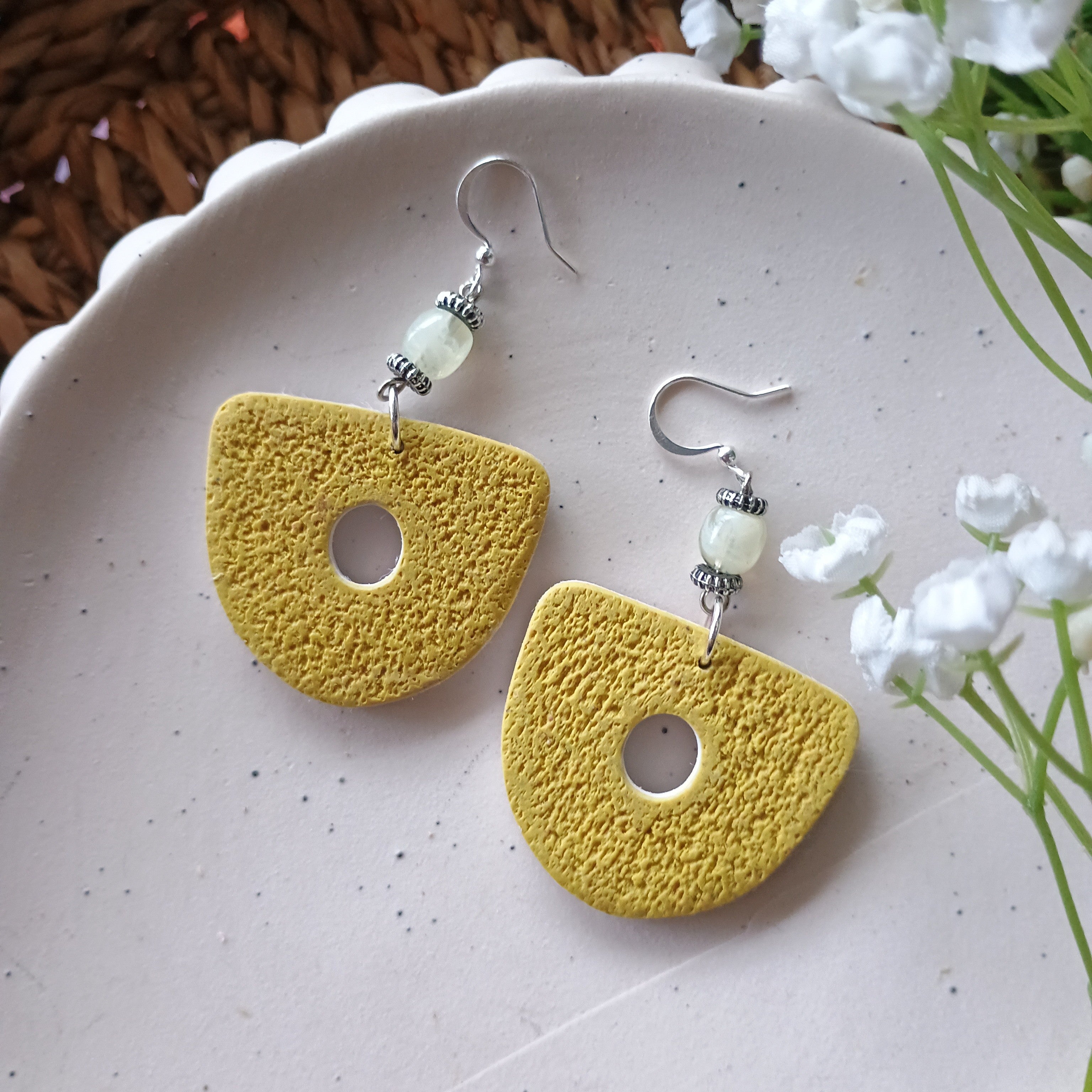 Floral marble print and upcycled stone bead polymer clay earring
