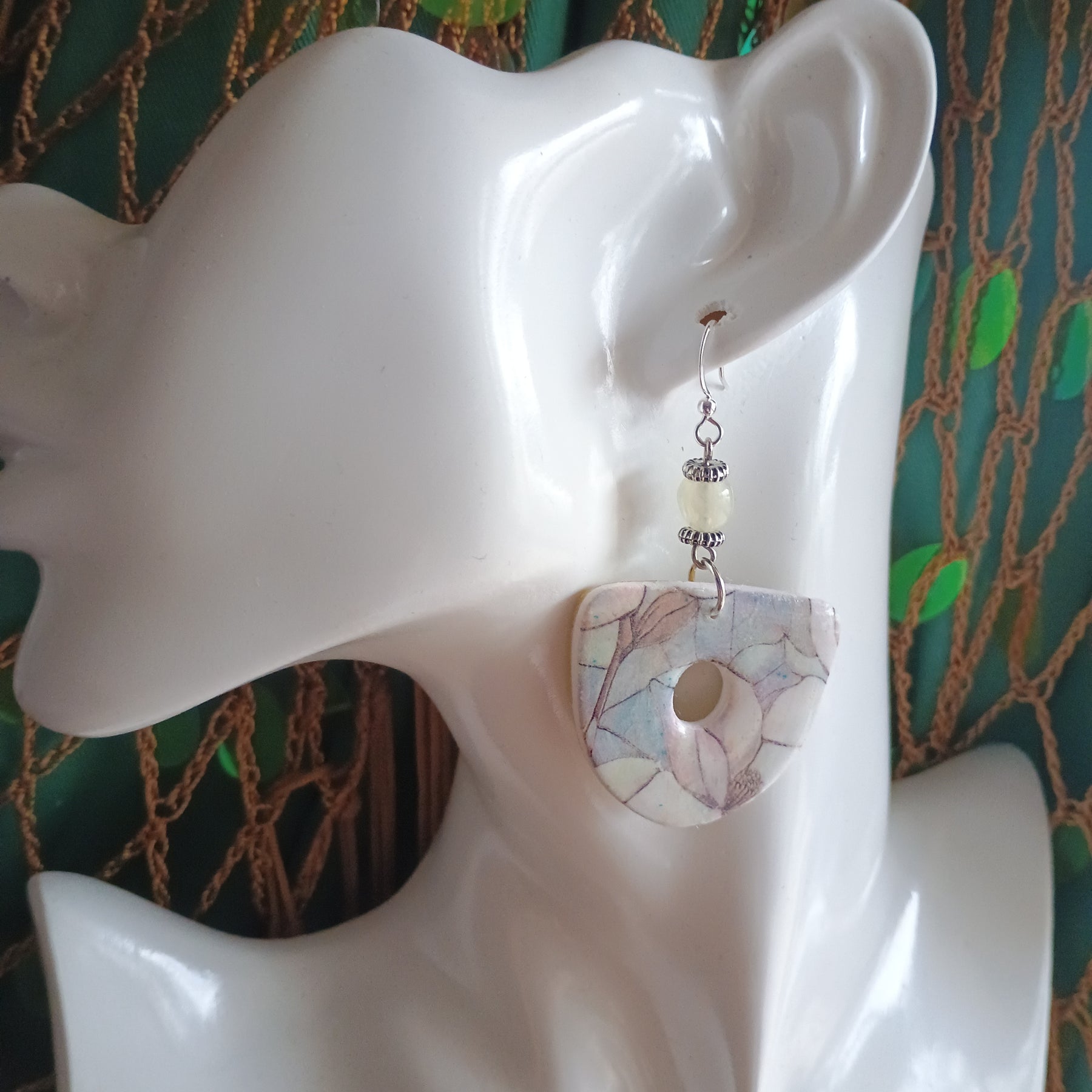 Floral marble print and upcycled stone bead polymer clay earring