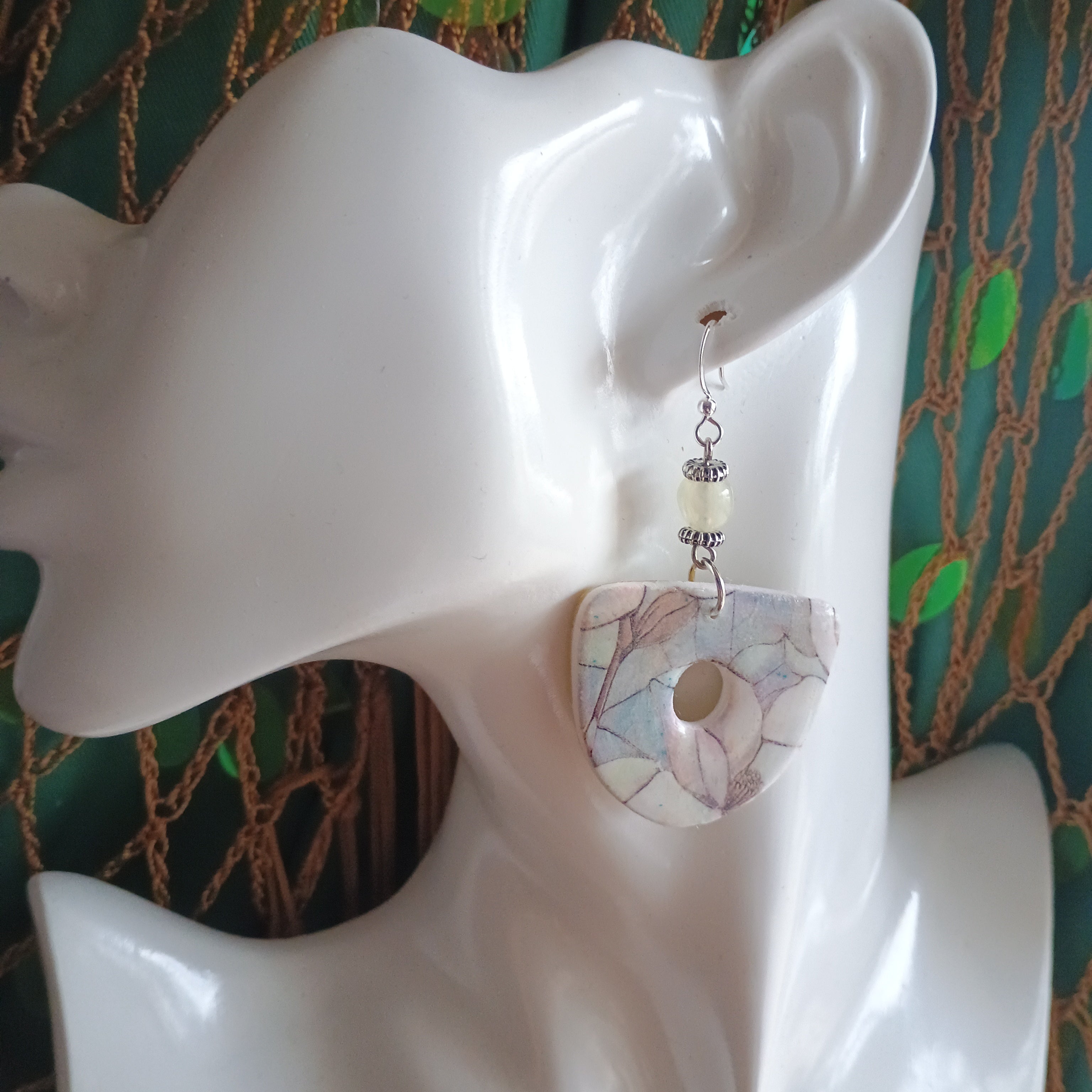 Floral marble print and upcycled stone bead polymer clay earring