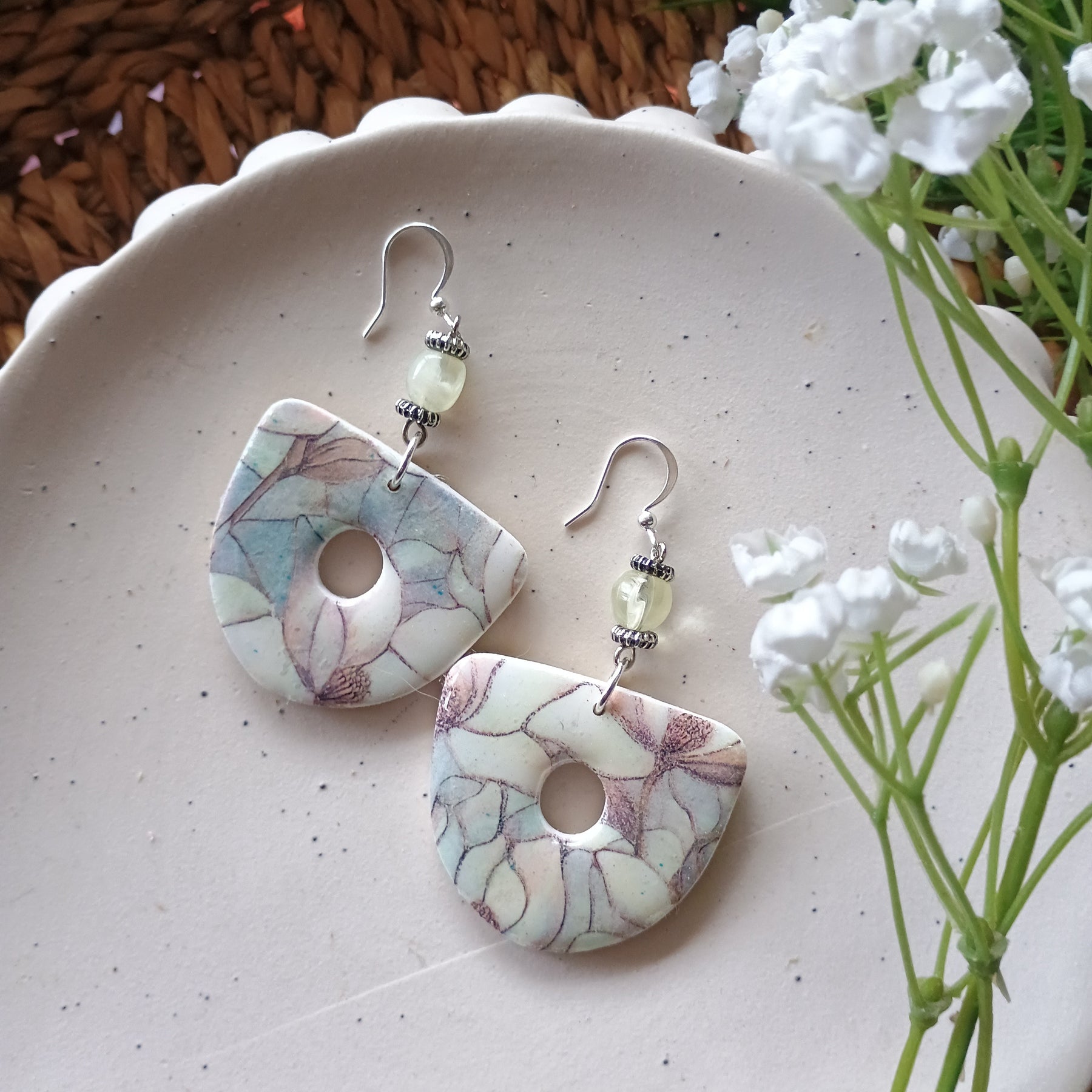 Floral marble print and upcycled stone bead polymer clay earring