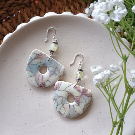 Floral marble print and upcycled stone bead polymer clay earring