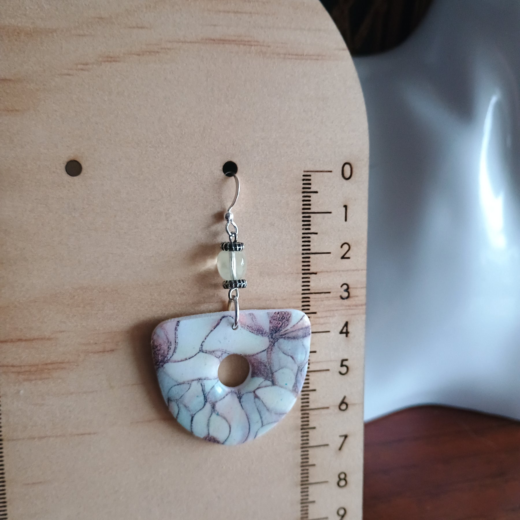 Floral marble print and upcycled stone bead polymer clay earring