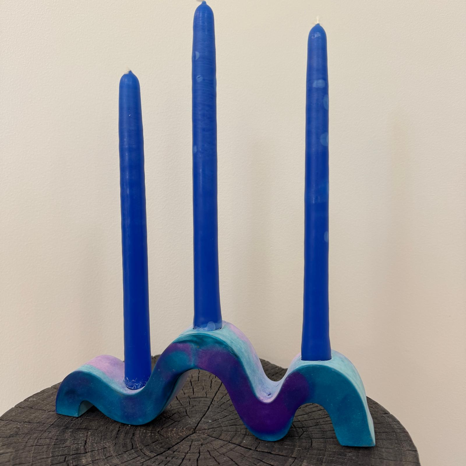 Indigo blue and purple wavy concrete holder for taper candles