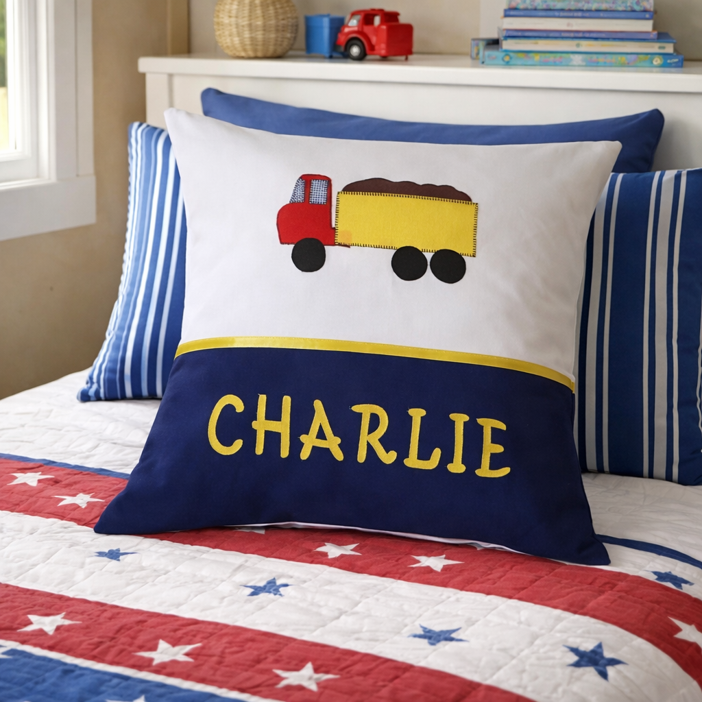 Personalised Kids Cushion | Custom Name Pillow | Handmade Applique Cushion | Nursery Decor - Truck