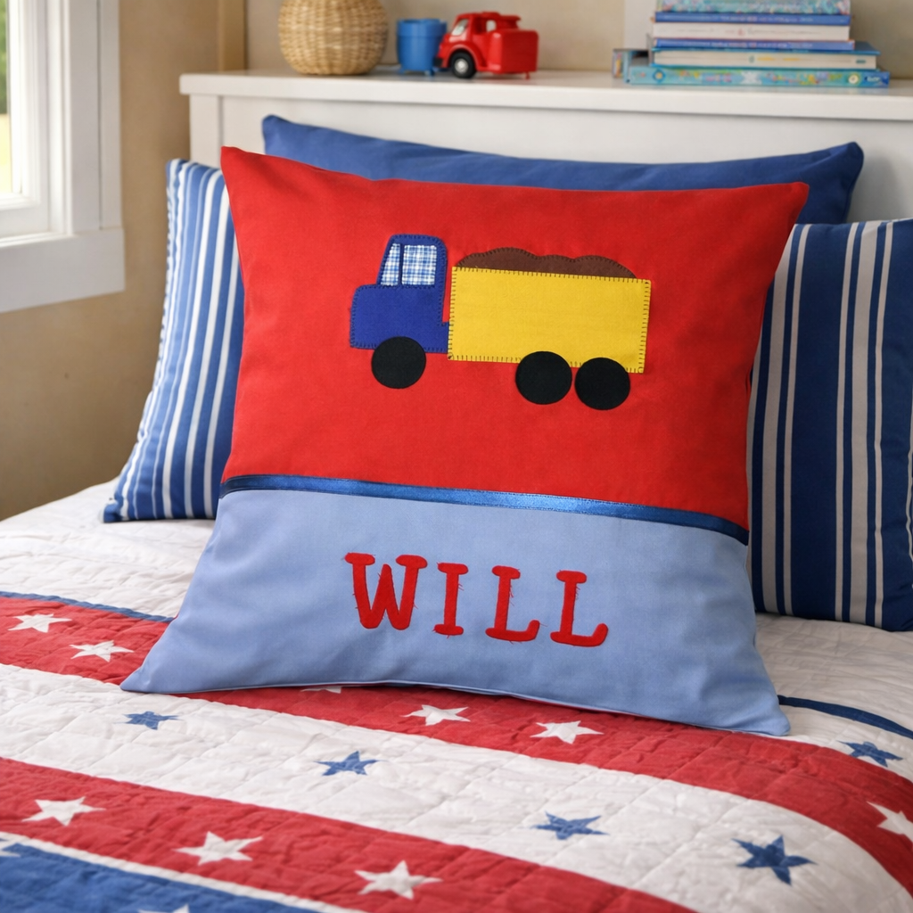 Personalised Kids Cushion | Custom Name Pillow | Handmade Applique Cushion | Nursery Decor - Truck