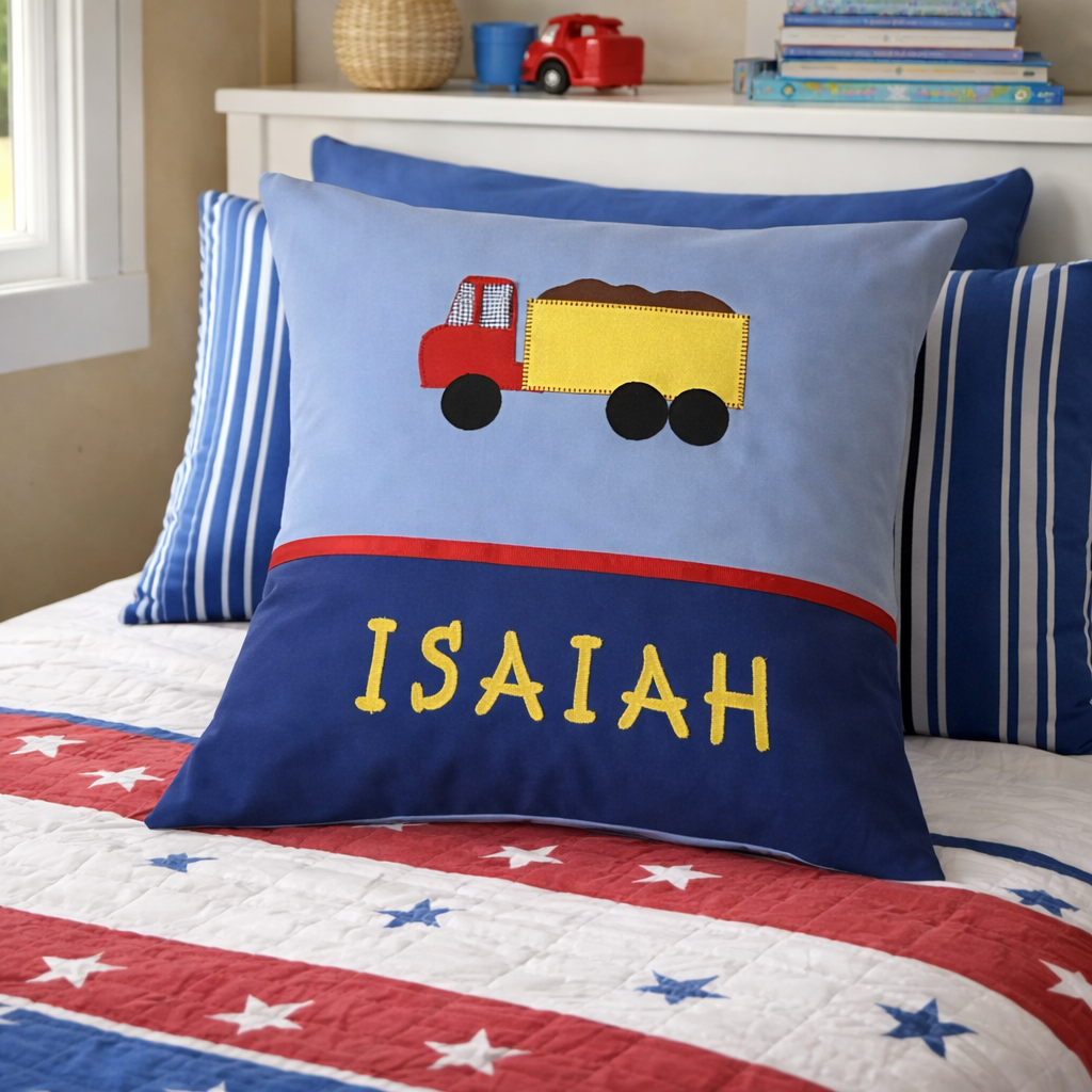 Personalised Kids Cushion | Custom Name Pillow | Handmade Applique Cushion | Nursery Decor - Truck