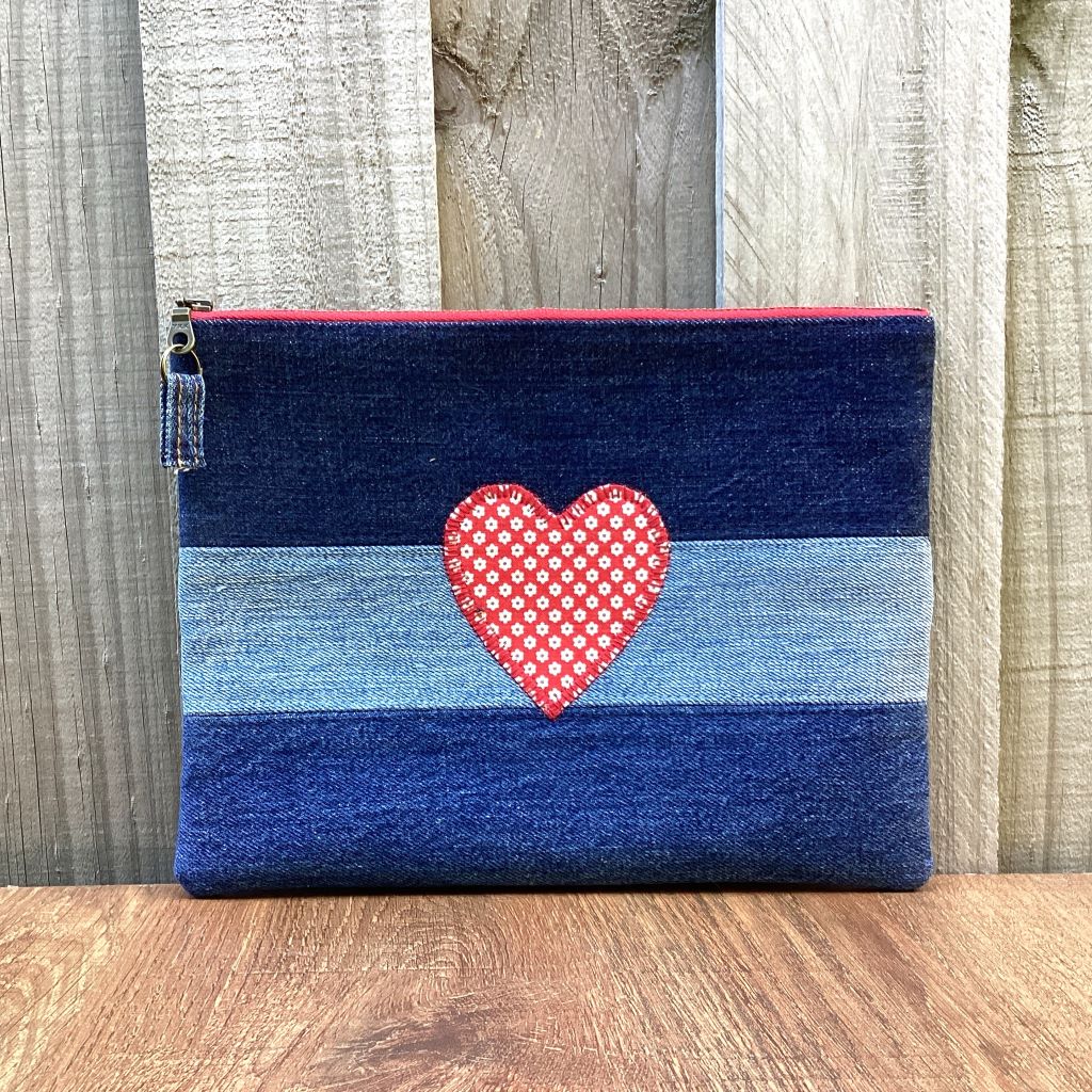 Upcycled Denim Pencil Case – Red Heart Applique