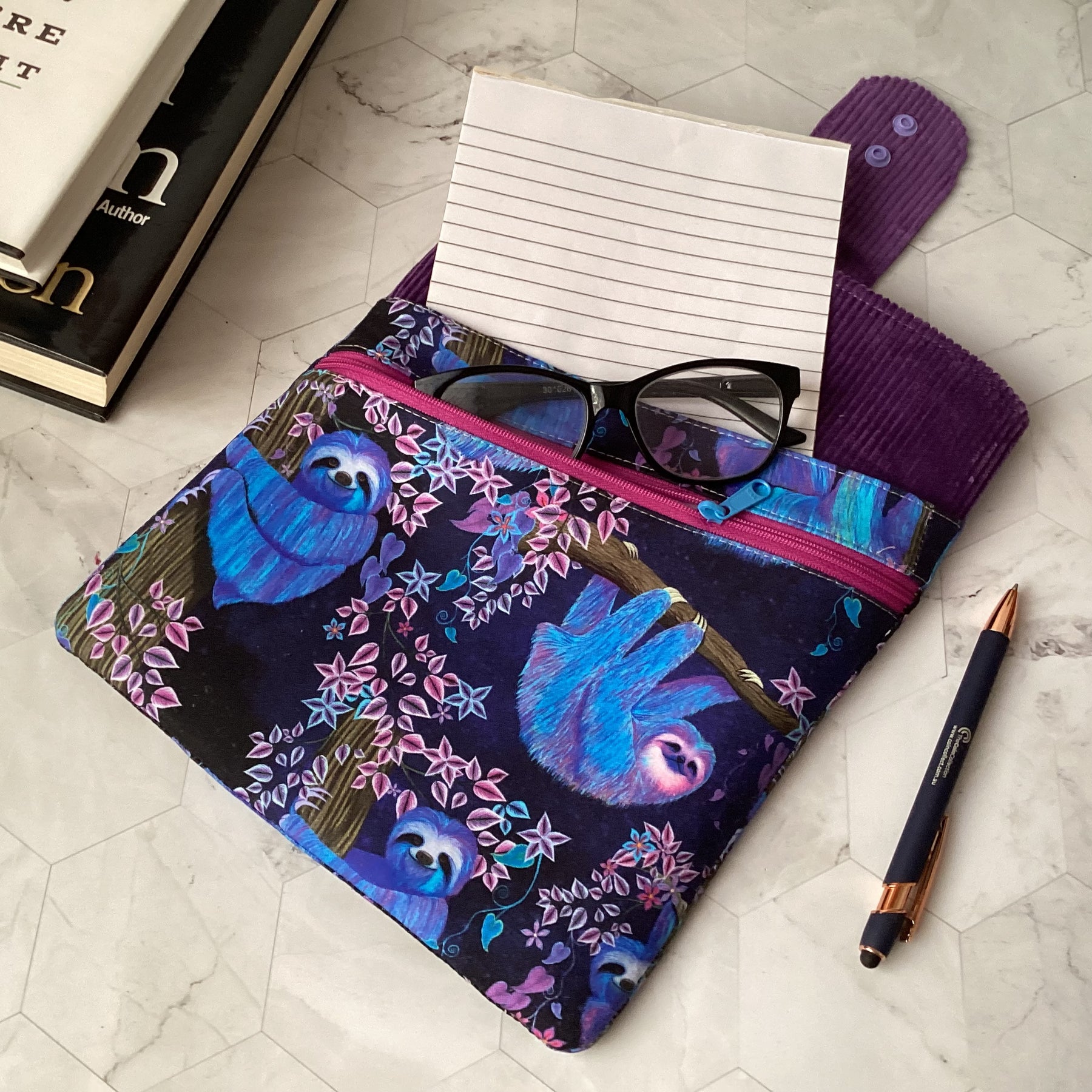 Moonlight Sloths fabric book sleeve with 2 pockets. iPad, tablet pouch