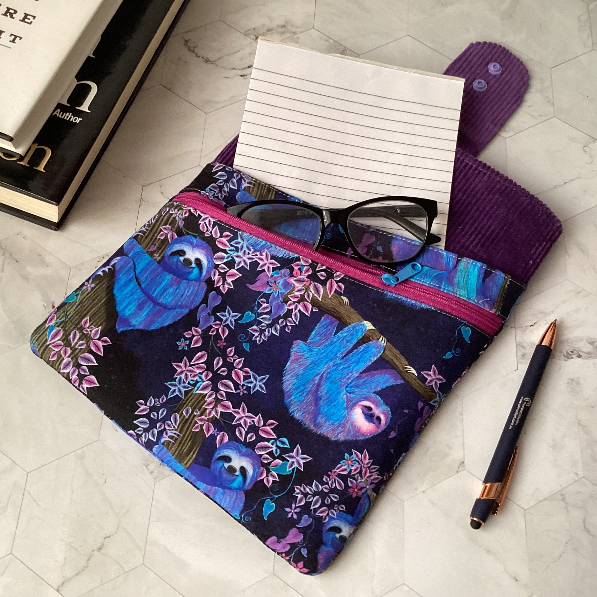 Moonlight Sloths fabric book sleeve with 2 pockets. iPad, tablet pouch
