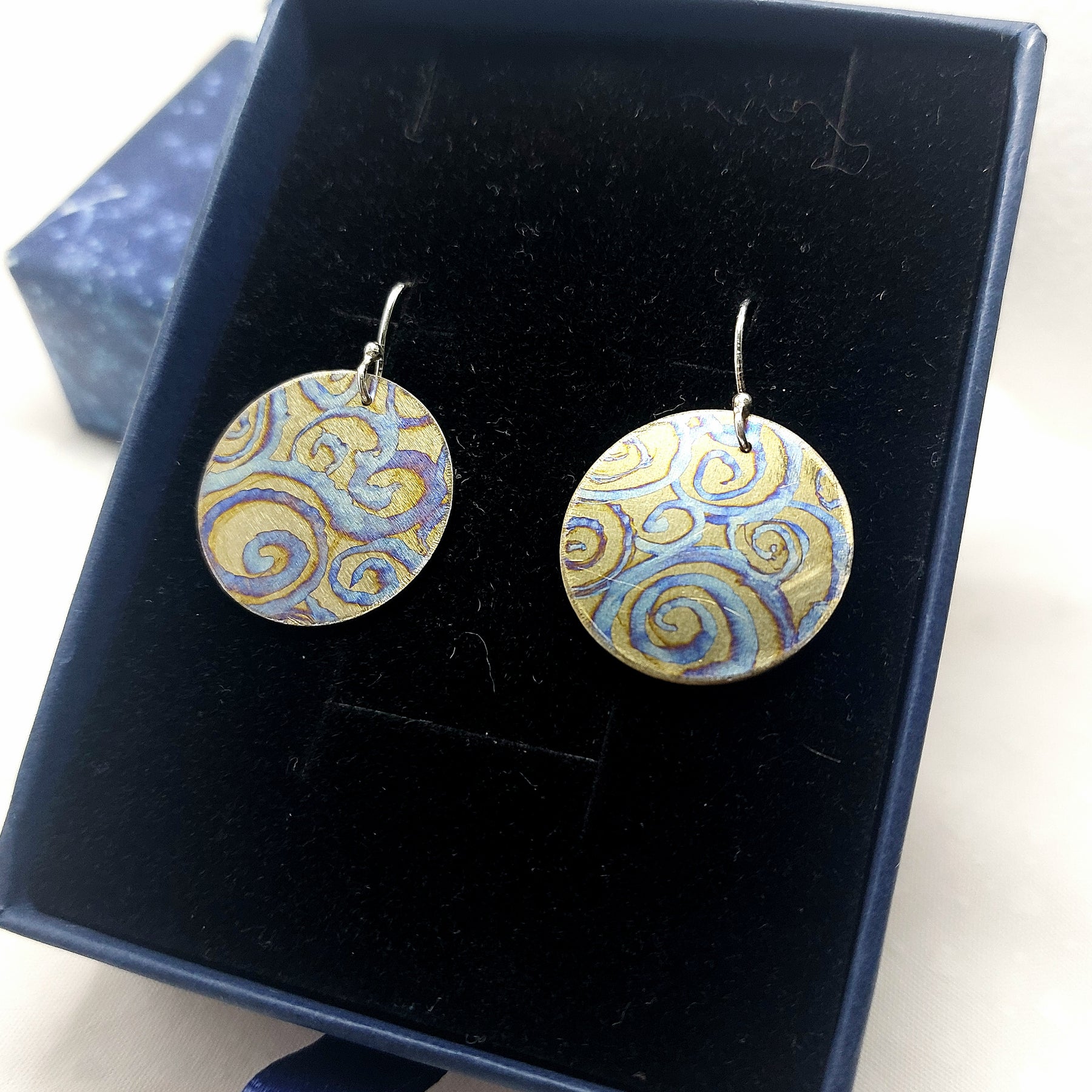 Titanium Disc Earrings- Watercolour Swirls Design Sterling Silver Hooks