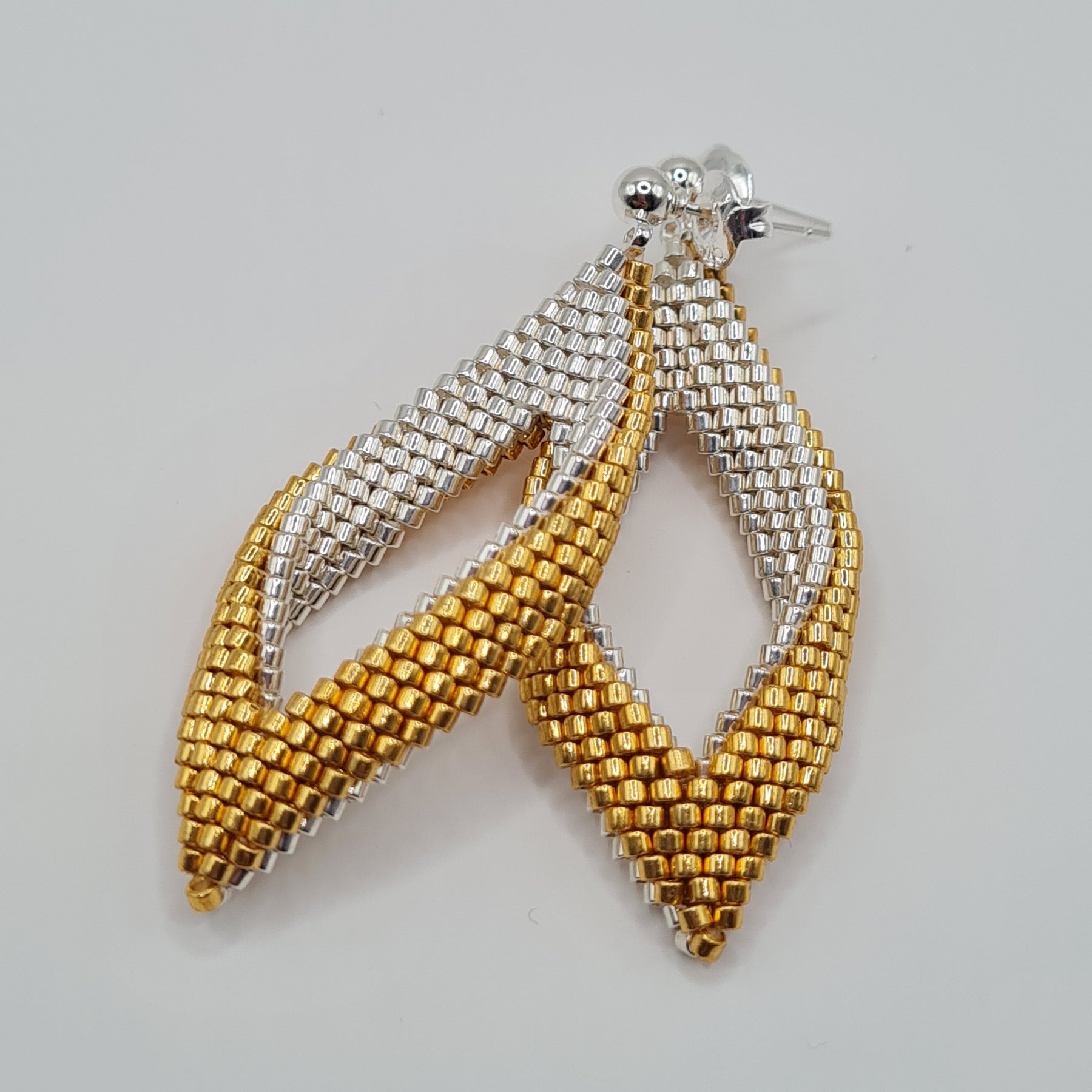 Golden Leaf Beaded Earrings – Gold & Silver Hand-Woven Drops